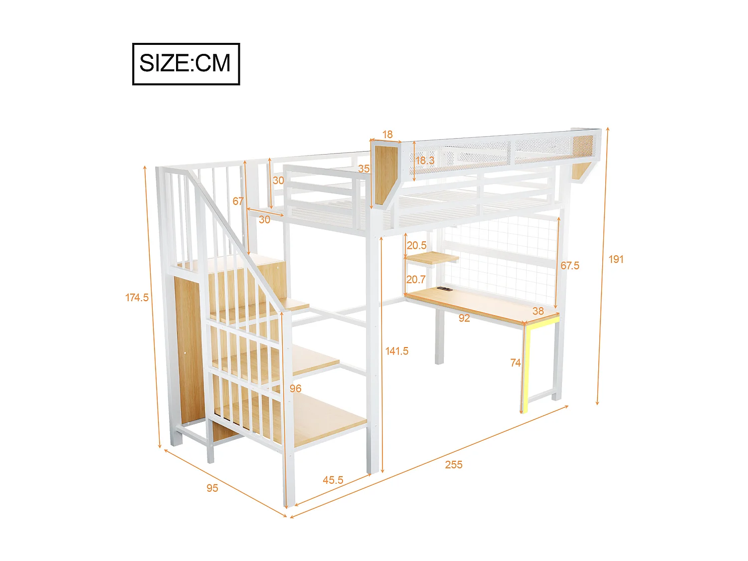 Lit mezzanine en métal 90 × 200 cm avec bureau, étagère et LED et prise électrique - Blanc