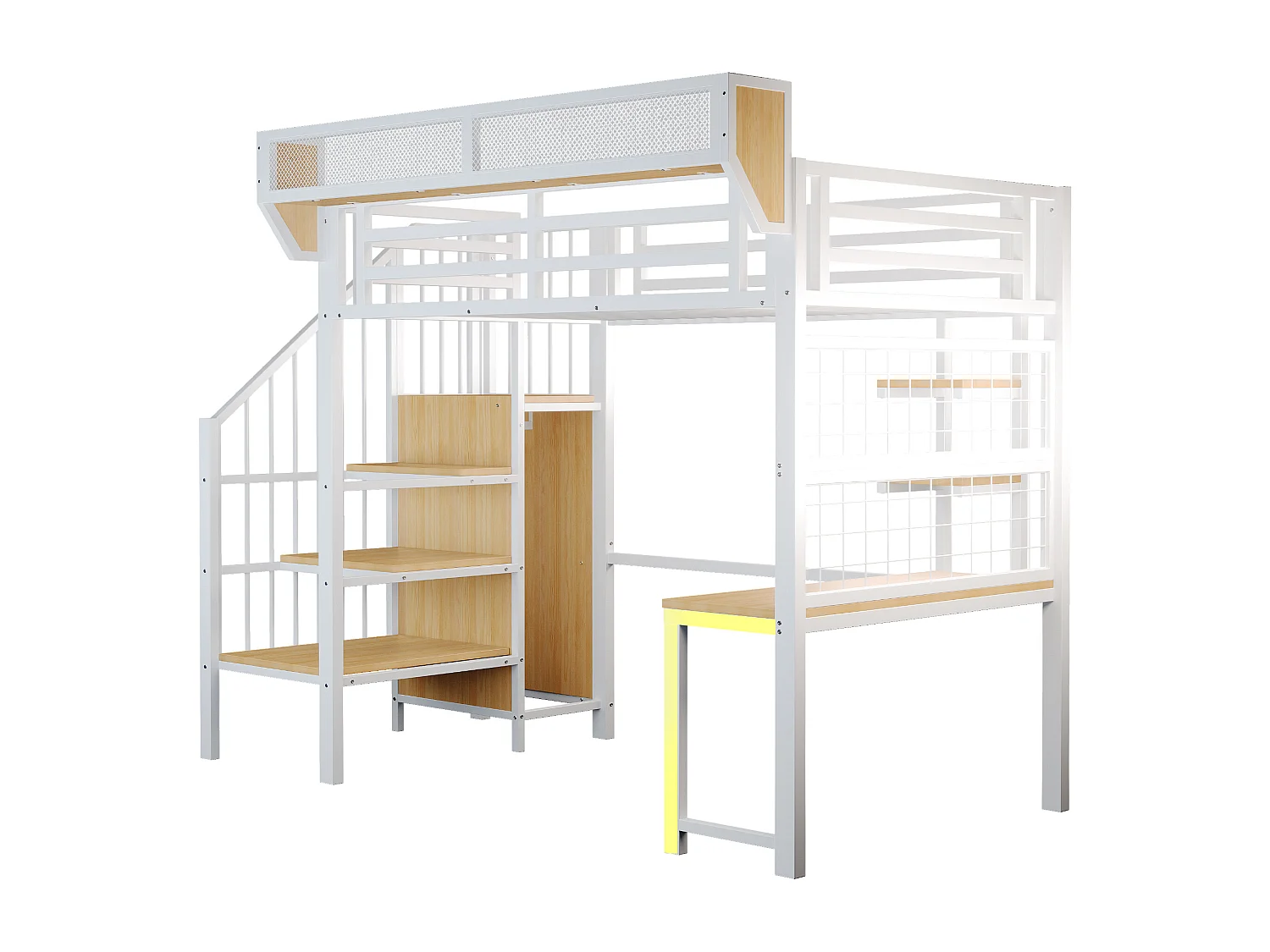 Lit mezzanine en métal 90 × 200 cm avec bureau, étagère et LED et prise électrique - Blanc