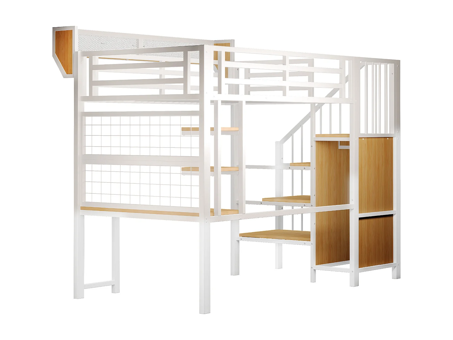 Lit mezzanine en métal 90 × 200 cm avec bureau, étagère et LED et prise électrique - Blanc