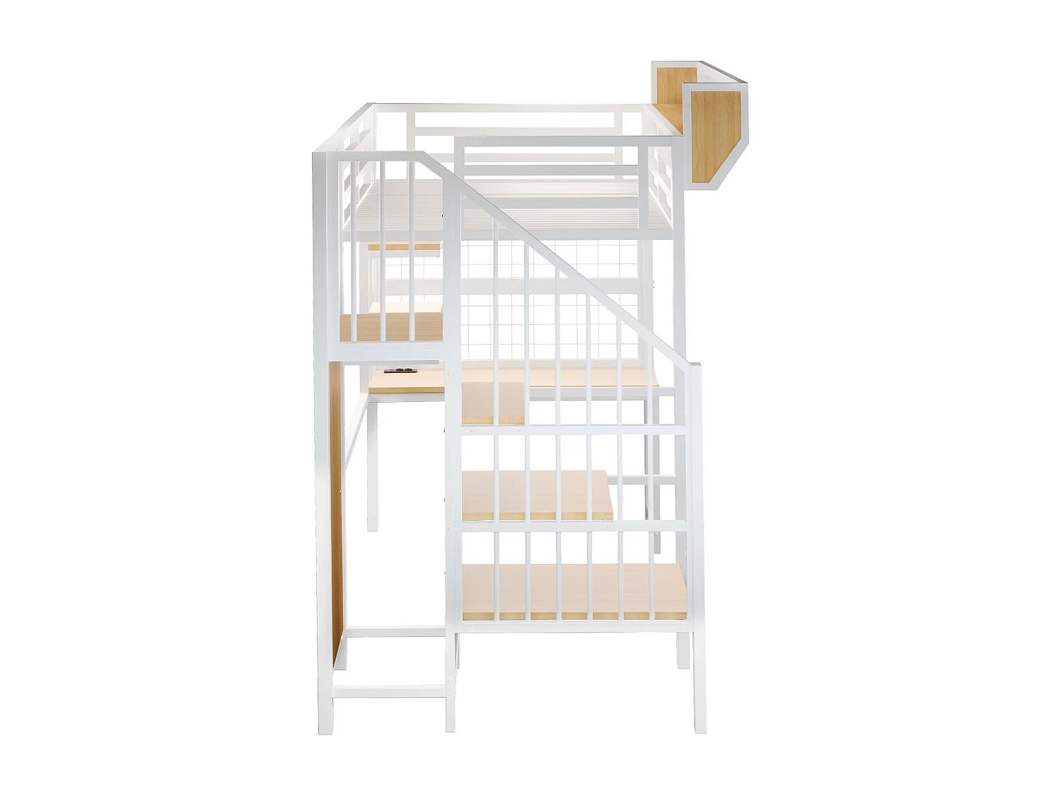 Lit mezzanine en métal 90 × 200 cm avec bureau, étagère et LED et prise électrique - Blanc