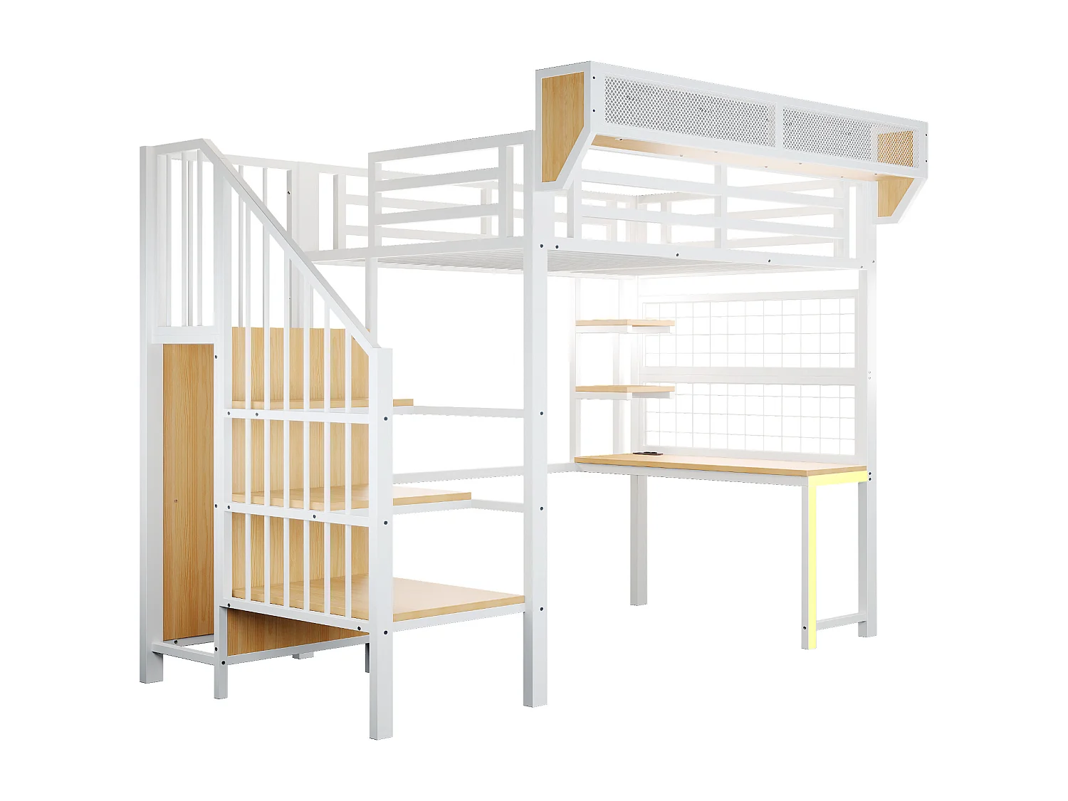 Lit mezzanine en métal 90 × 200 cm avec bureau, étagère et LED et prise électrique - Blanc