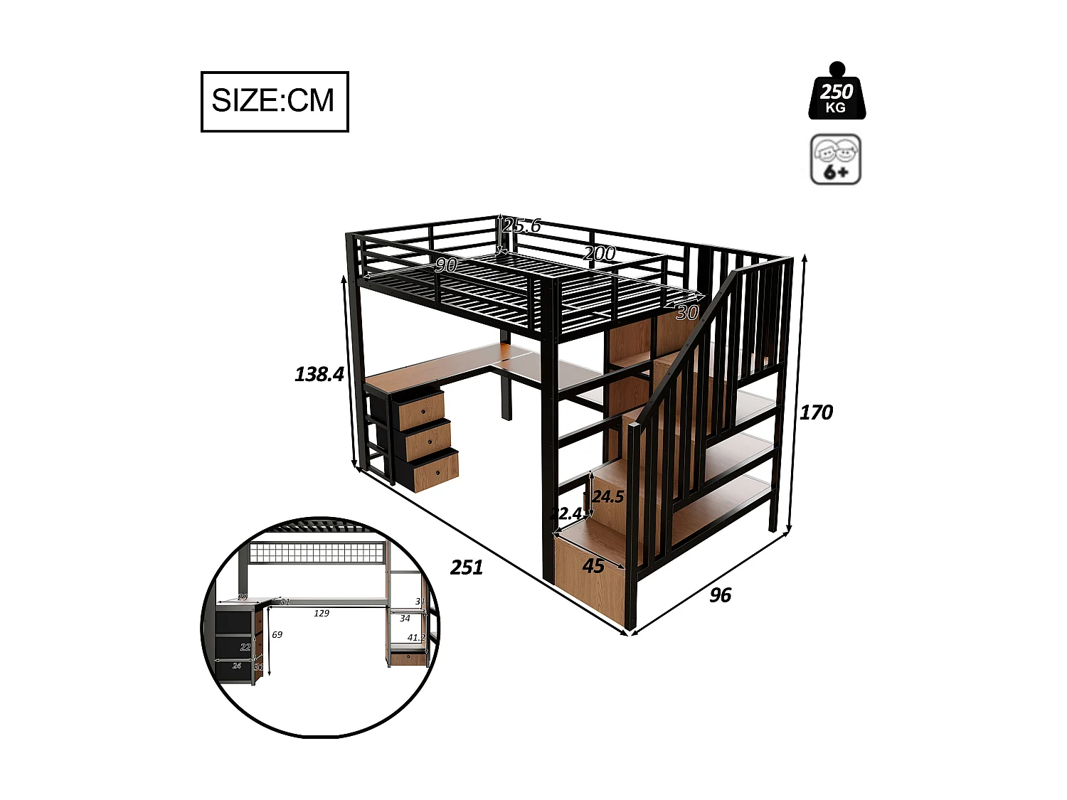 Letto a soppalco 90 x 200 cm con 4 cassetti, scrivania e illuminazione a LED - Metallo nero