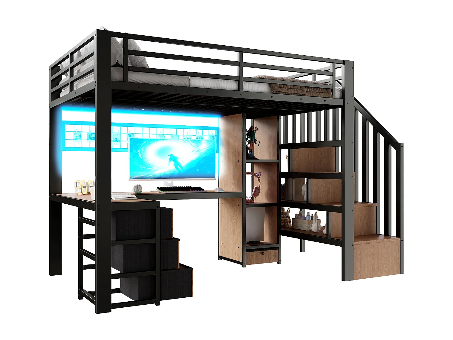 Letto a soppalco 90 x 200 cm con 4 cassetti, scrivania e illuminazione a LED - Metallo nero