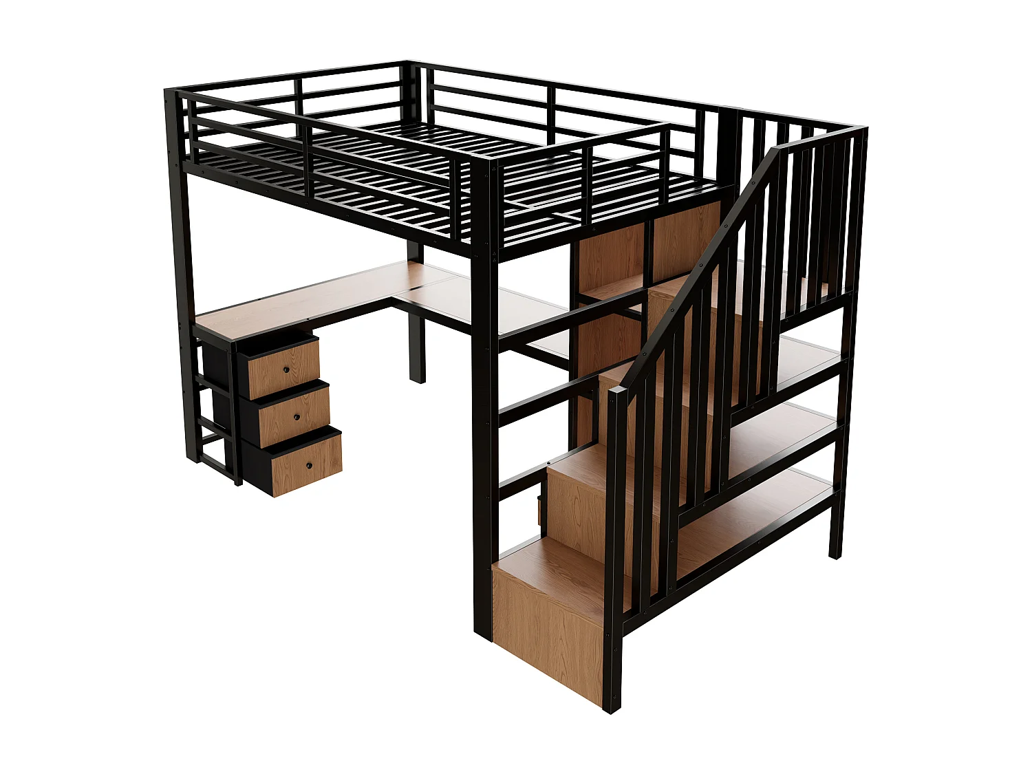 Letto a soppalco 90 x 200 cm con 4 cassetti, scrivania e illuminazione a LED - Metallo nero