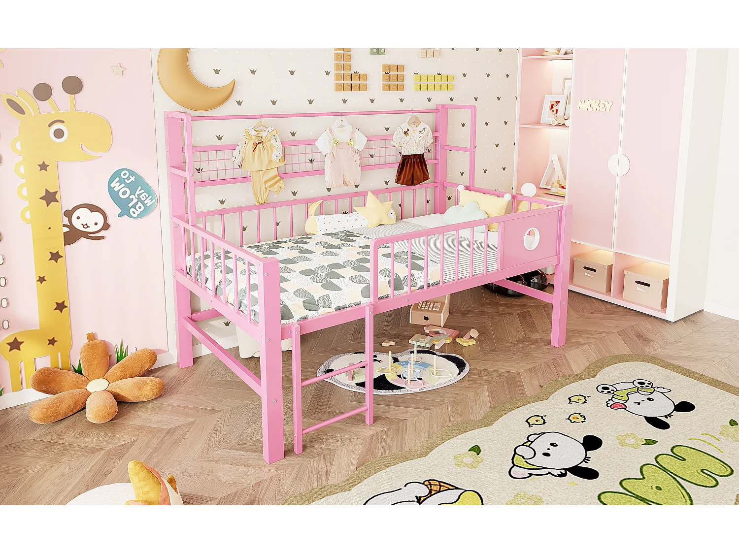 Lit mi-hauteur 90 x 200 cm avec rangement - Structure en métal - Rose