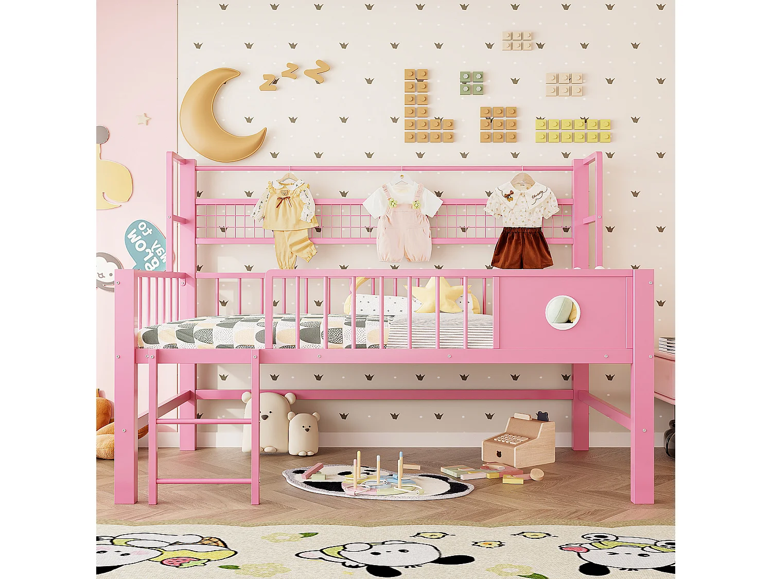 Lit mi-hauteur 90 x 200 cm avec rangement - Structure en métal - Rose