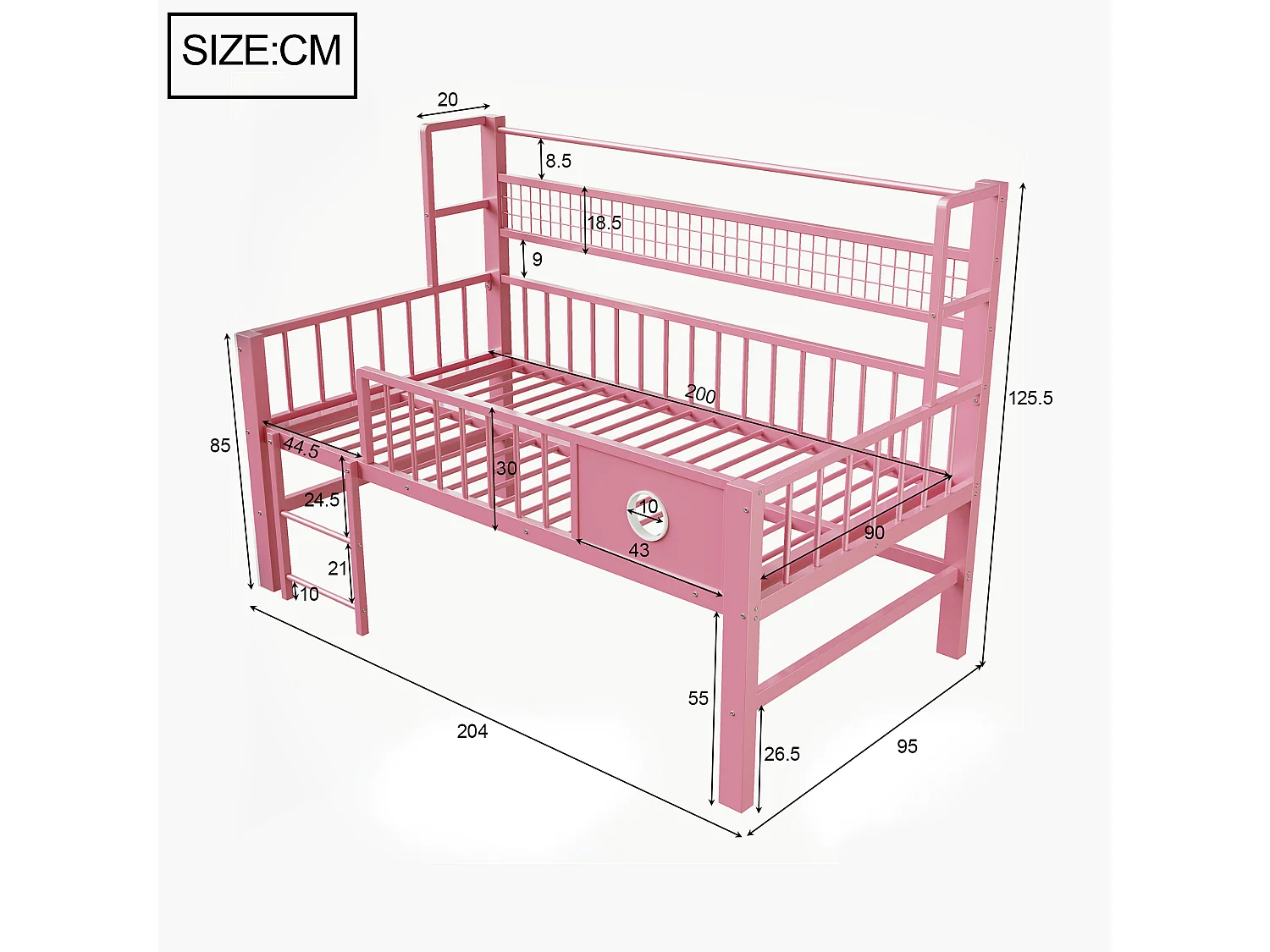 Lit mi-hauteur 90 x 200 cm avec rangement - Structure en métal - Rose