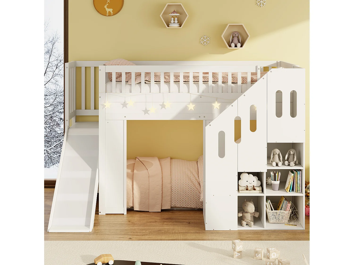 Lit mezzanine enfant 90x200 cm avec LED, toboggan et escaliers de rangement, blanc