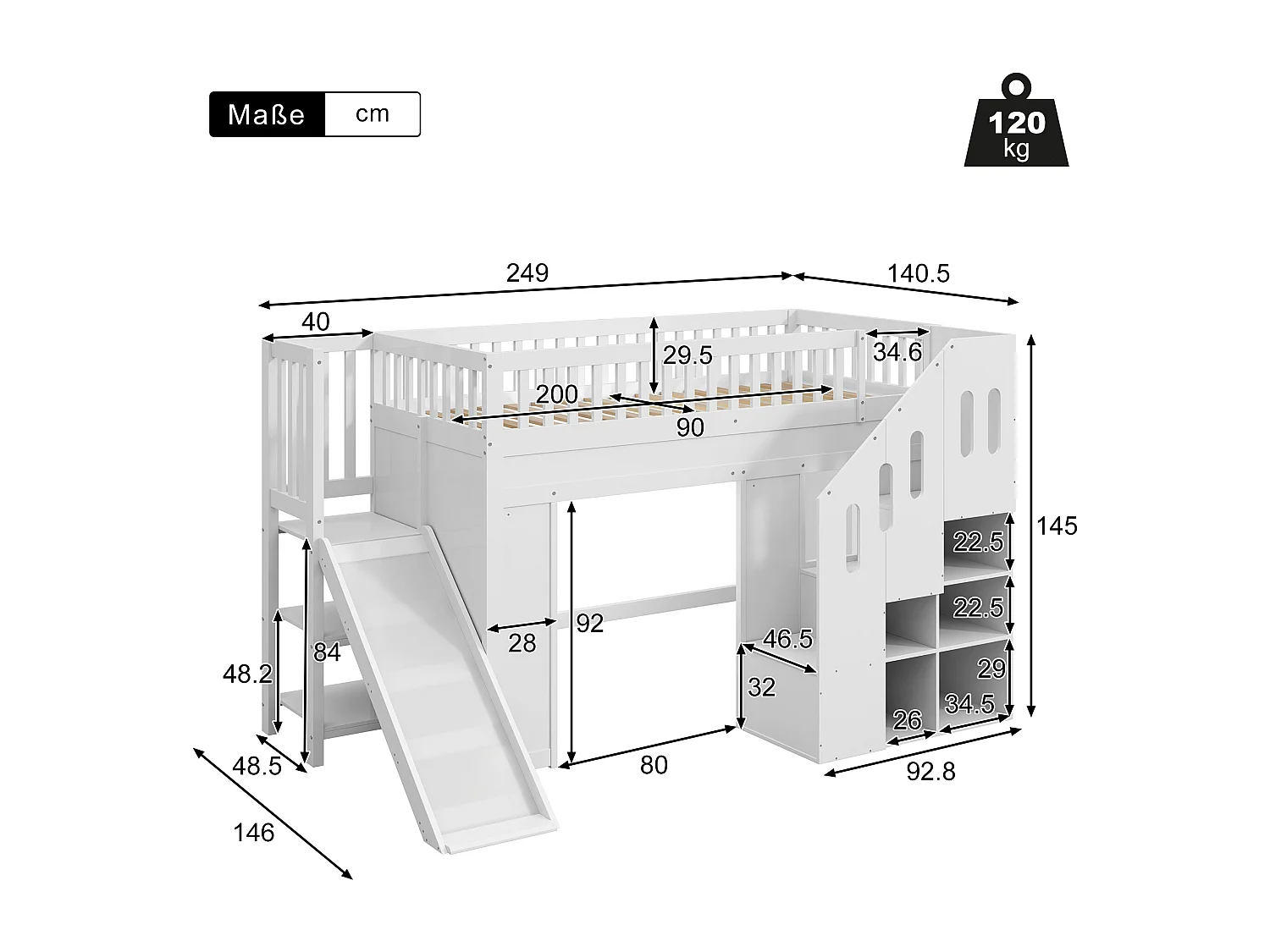 Lit mezzanine enfant 90x200 cm avec LED, toboggan et escaliers de rangement, blanc