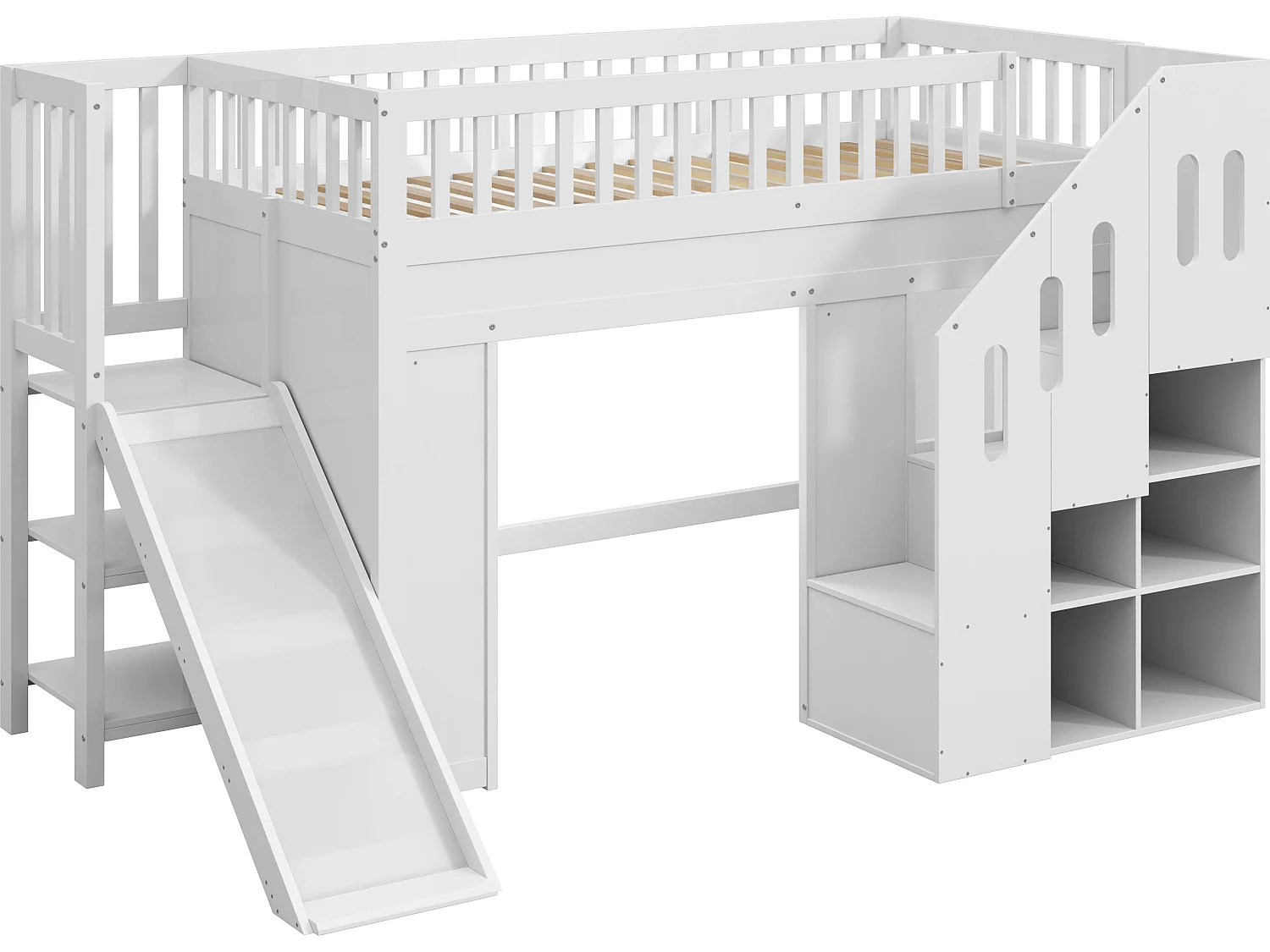 Lit mezzanine enfant 90x200 cm avec LED, toboggan et escaliers de rangement, blanc