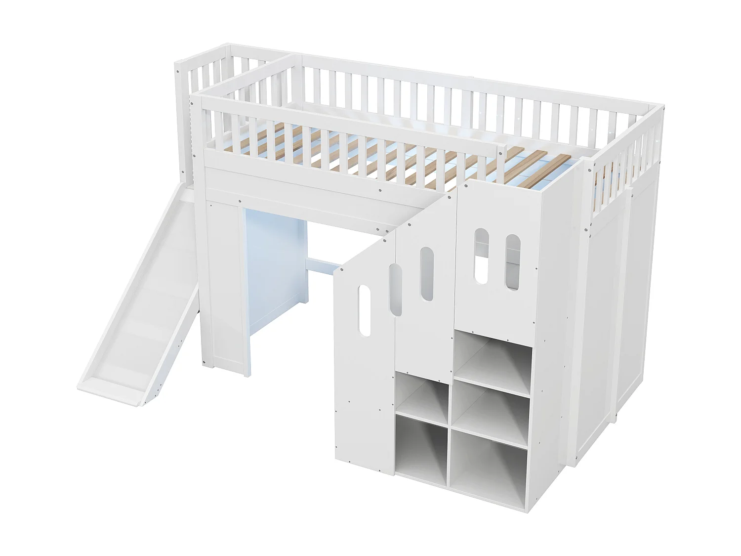 Lit mezzanine enfant 90x200 cm avec LED, toboggan et escaliers de rangement, blanc