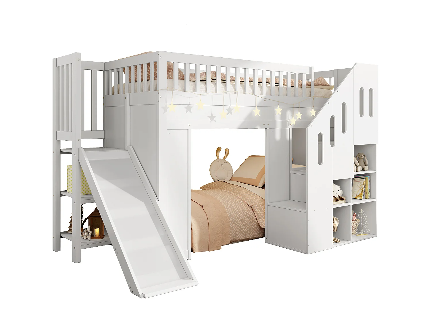 Lit mezzanine enfant 90x200 cm avec LED, toboggan et escaliers de rangement, blanc