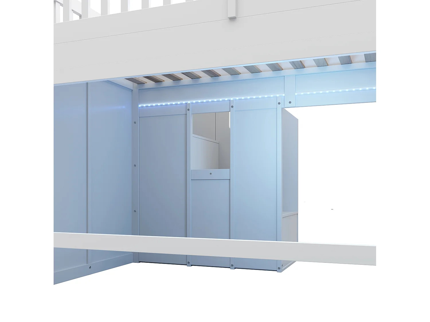 Lit mezzanine enfant 90x200 cm avec LED, toboggan et escaliers de rangement, blanc