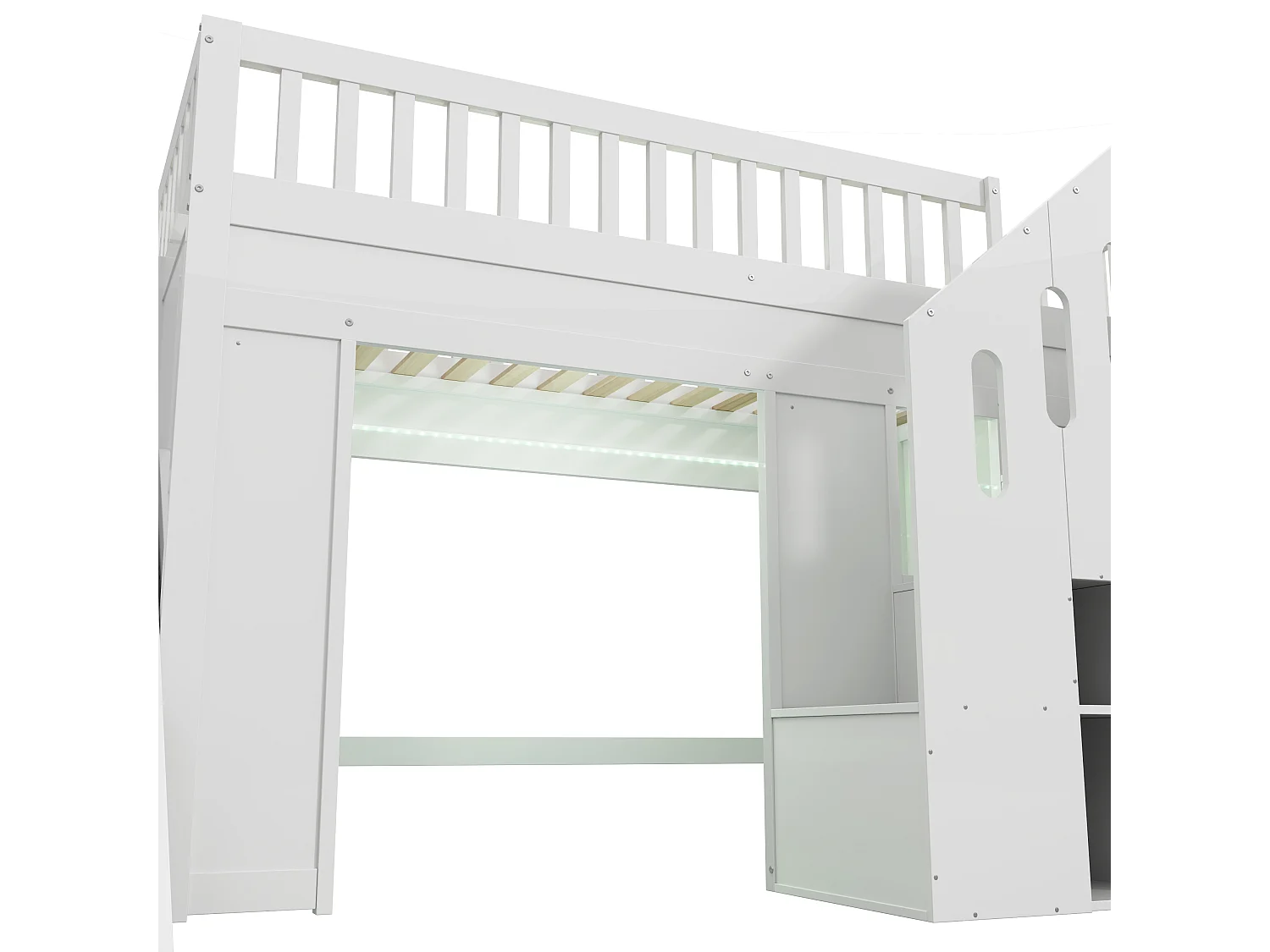 Lit mezzanine enfant 90x200 cm avec LED, toboggan et escaliers de rangement, blanc