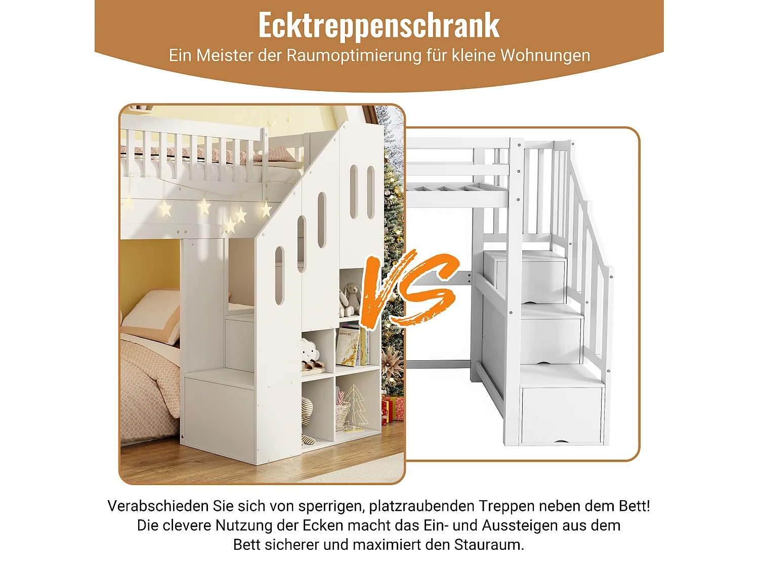Lit mezzanine enfant 90x200 cm avec LED, toboggan et escaliers de rangement, blanc