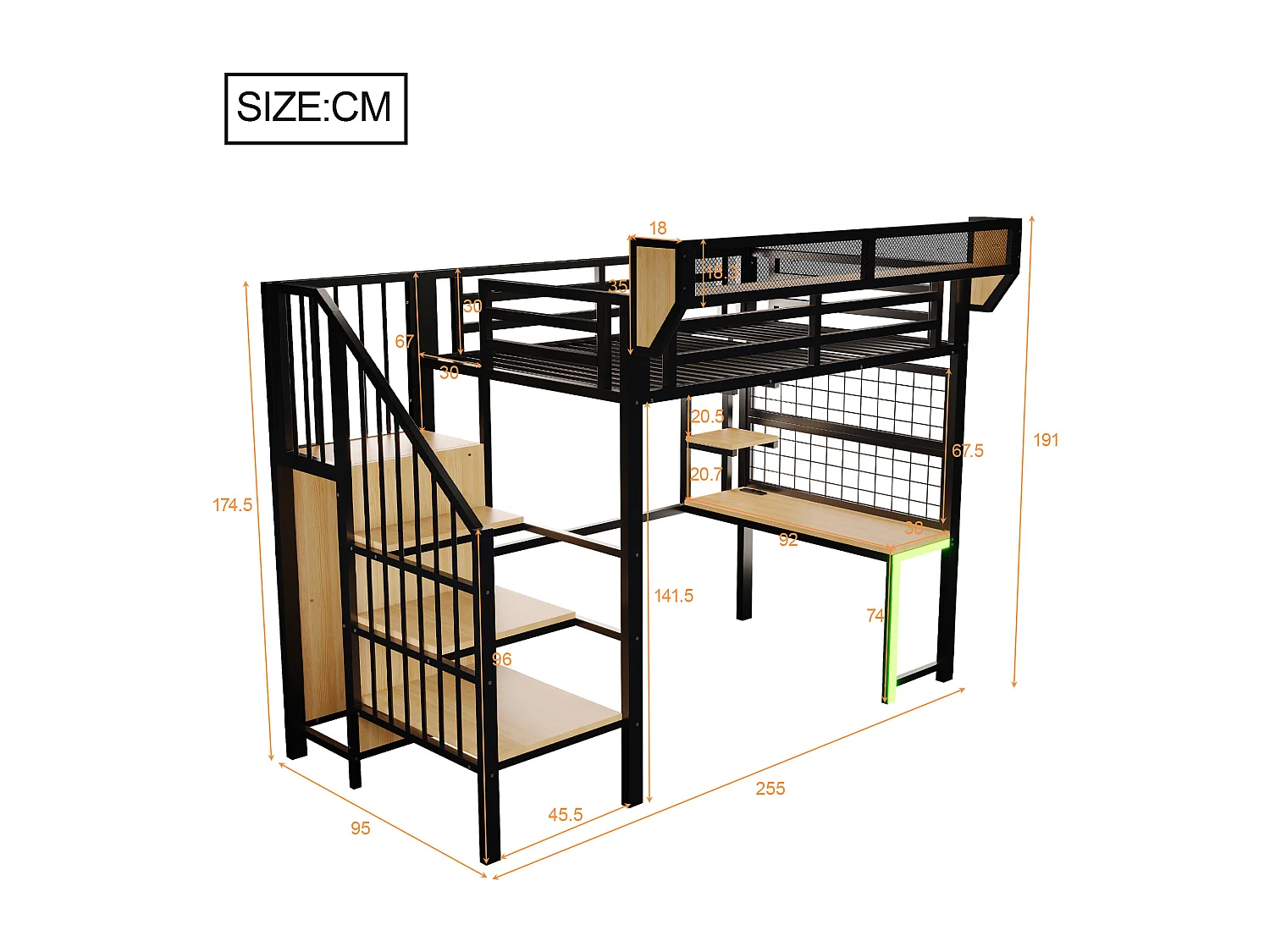 Lit mezzanine en métal 90 × 200 cm avec bureau, étagère et LED et prise électrique - Noir