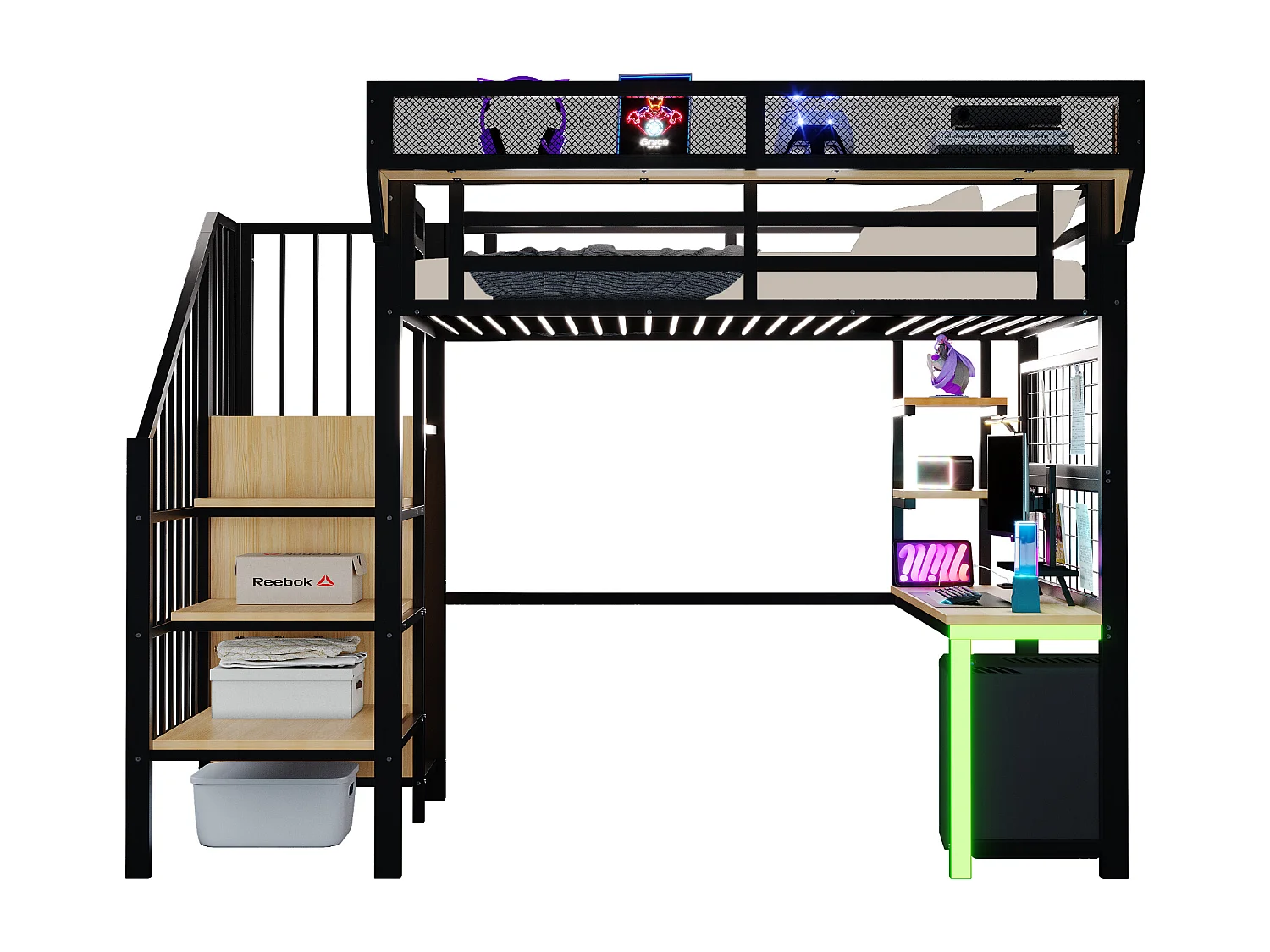 Lit mezzanine en métal 90 × 200 cm avec bureau, étagère et LED et prise électrique - Noir