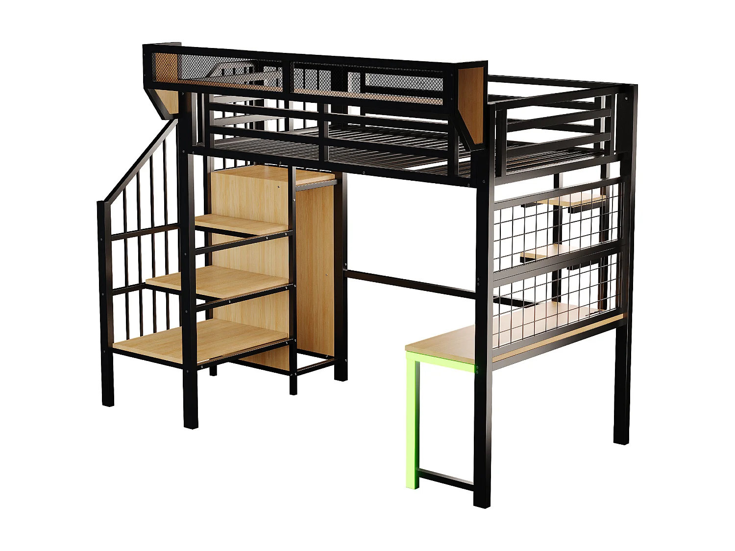 Lit mezzanine en métal 90 × 200 cm avec bureau, étagère et LED et prise électrique - Noir