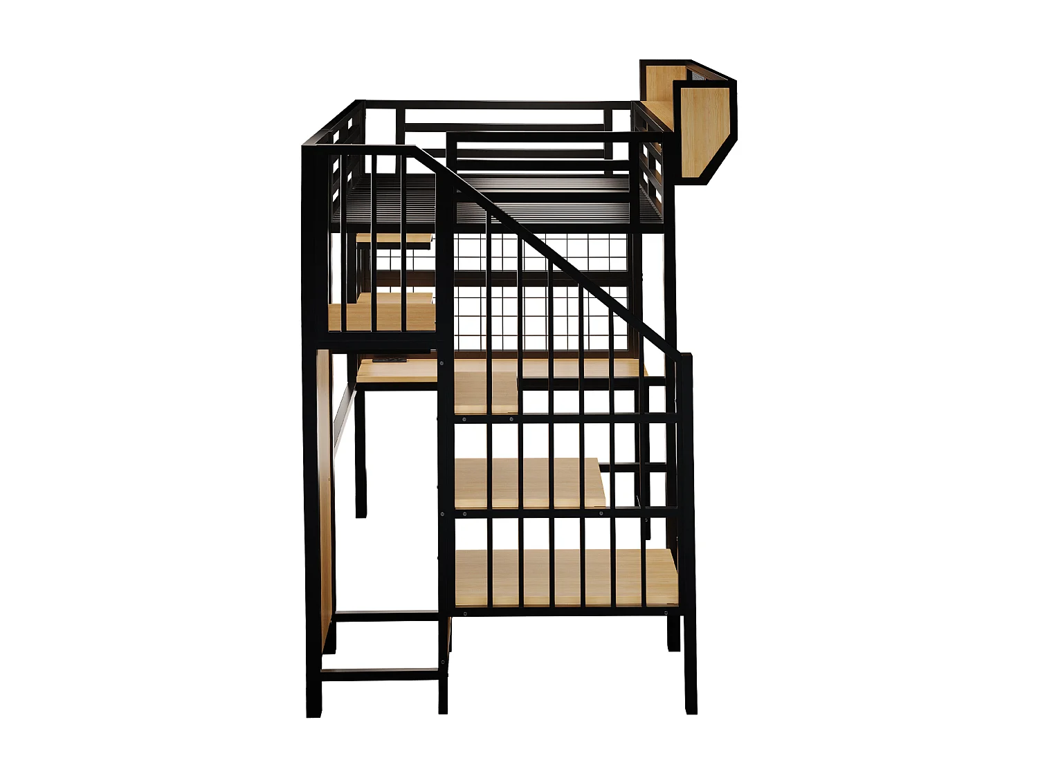 Lit mezzanine en métal 90 × 200 cm avec bureau, étagère et LED et prise électrique - Noir