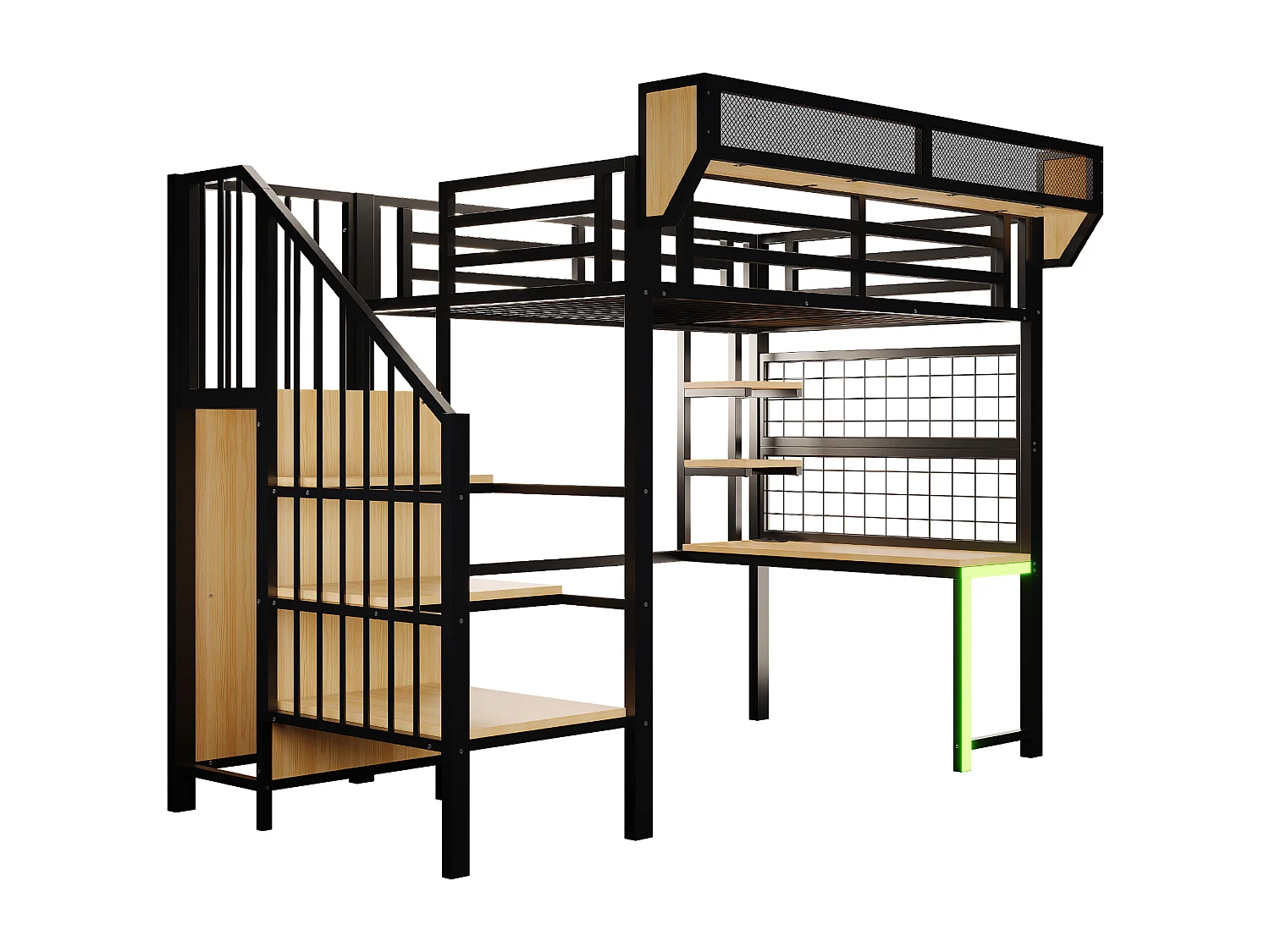 Lit mezzanine en métal 90 × 200 cm avec bureau, étagère et LED et prise électrique - Noir