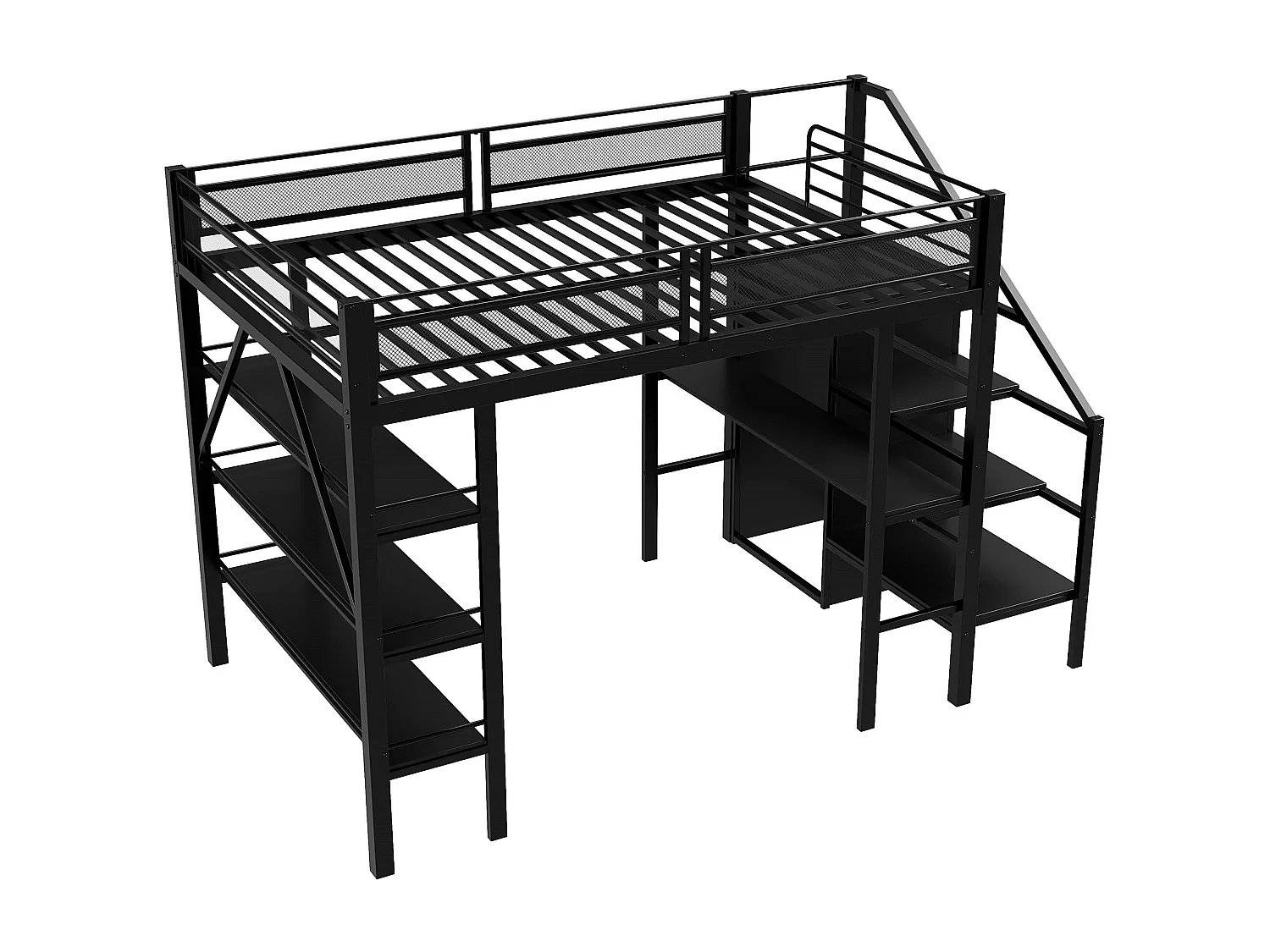 Lit mezzanine 140x200 cm avec bureau, LED et prise USB - Métal noir