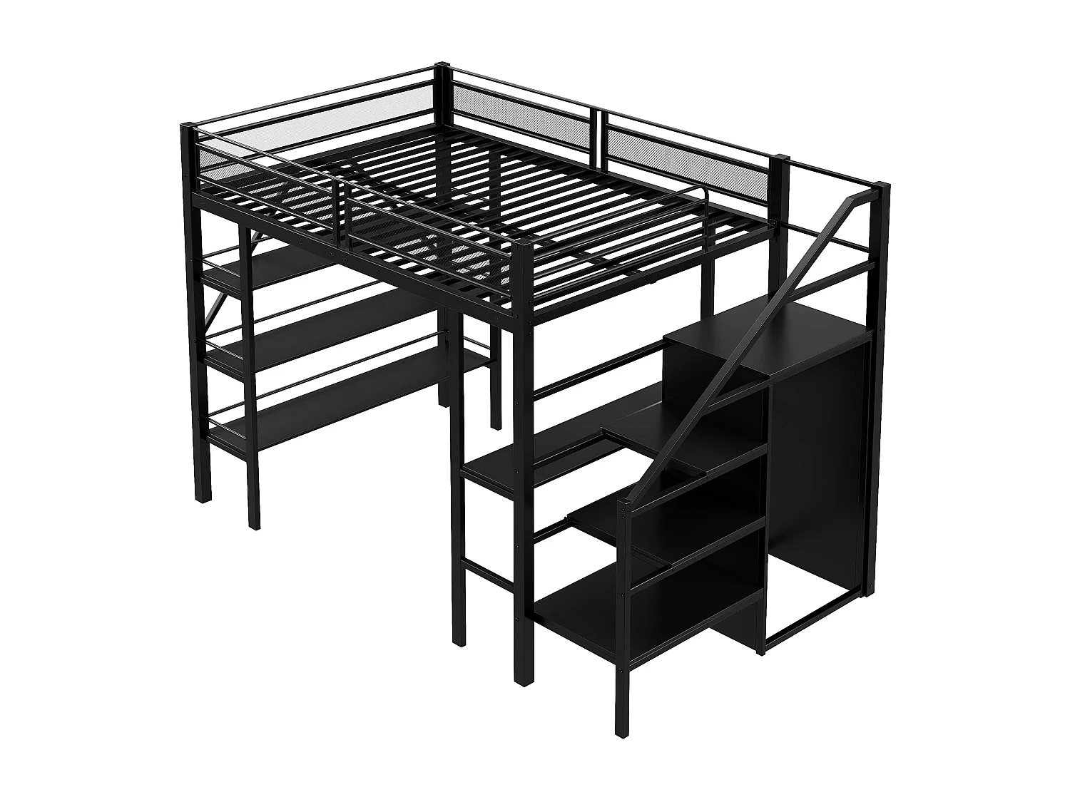 Lit mezzanine 140x200 cm avec bureau, LED et prise USB - Métal noir