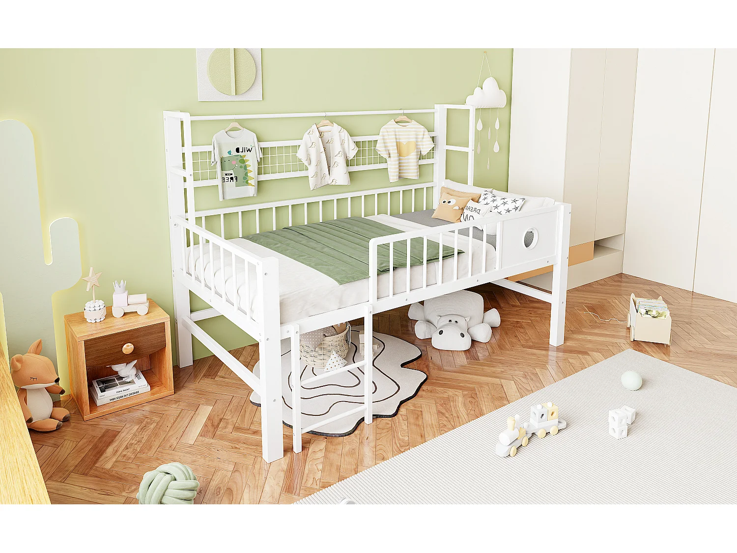 Lit mi-hauteur 90 x 200 cm avec rangement - Structure en métal - Blanc