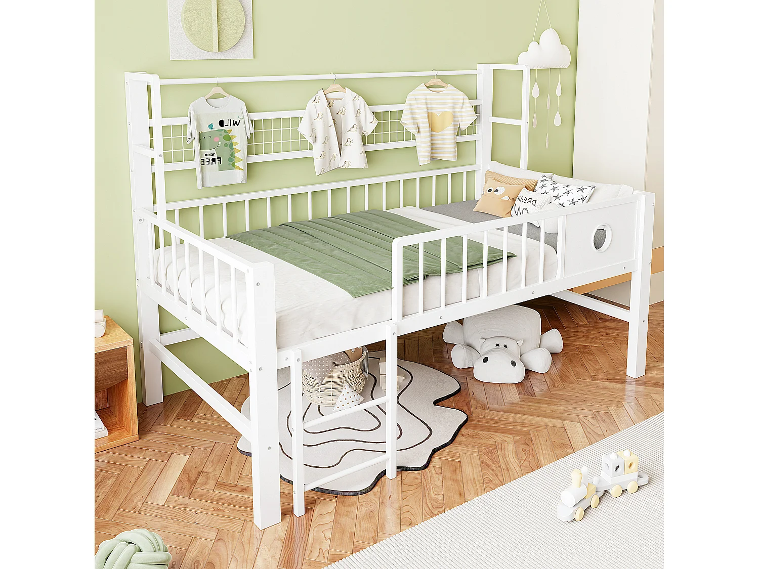 Lit mi-hauteur 90 x 200 cm avec rangement - Structure en métal - Blanc