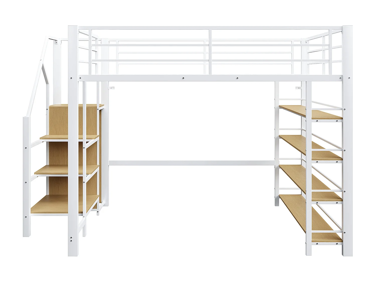 Lit mezzanine 140x200 cm avec étagères et penderie, métal et bois MDF blanc