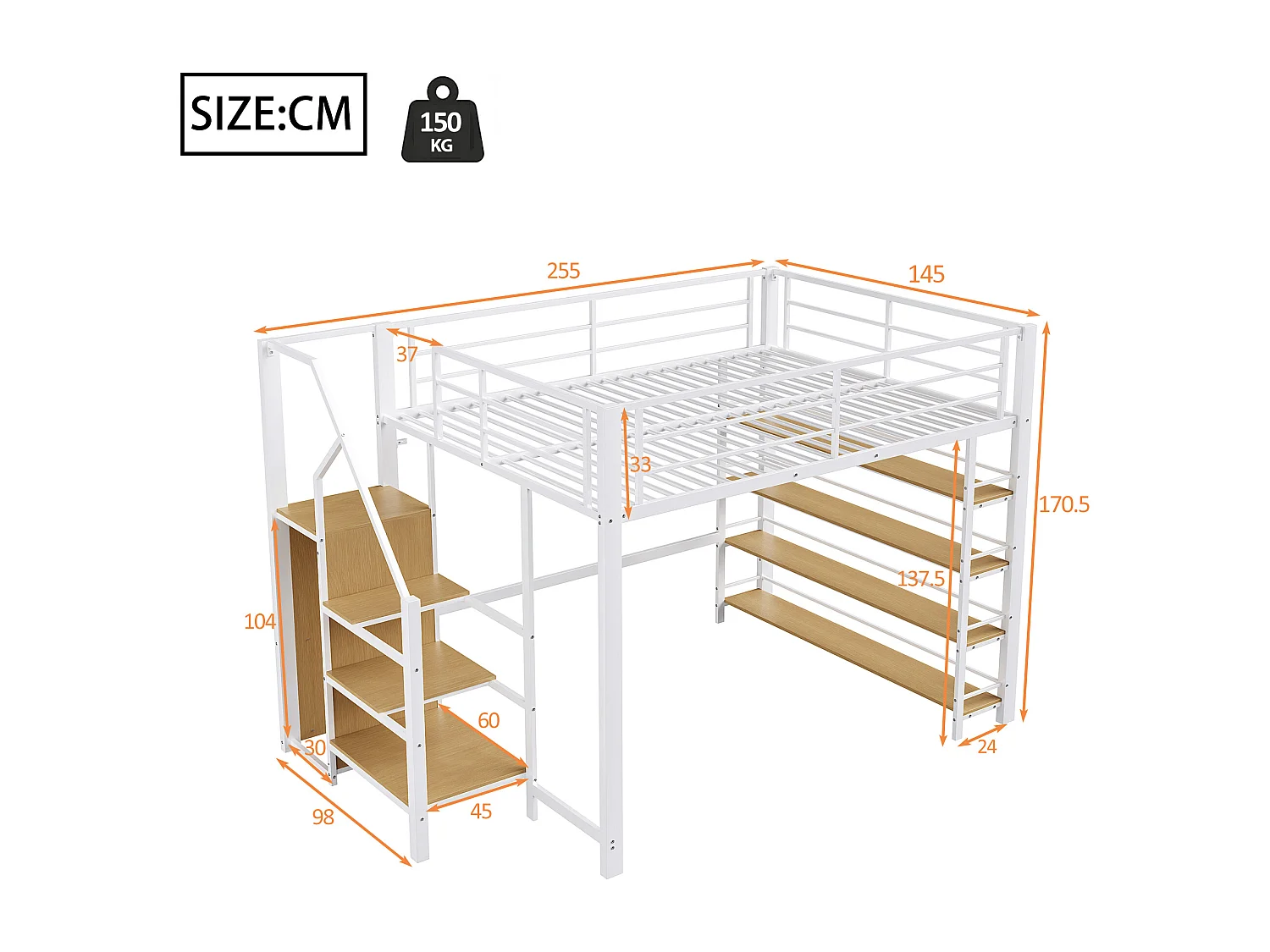 Lit mezzanine 140x200 cm avec étagères et penderie, métal et bois MDF blanc