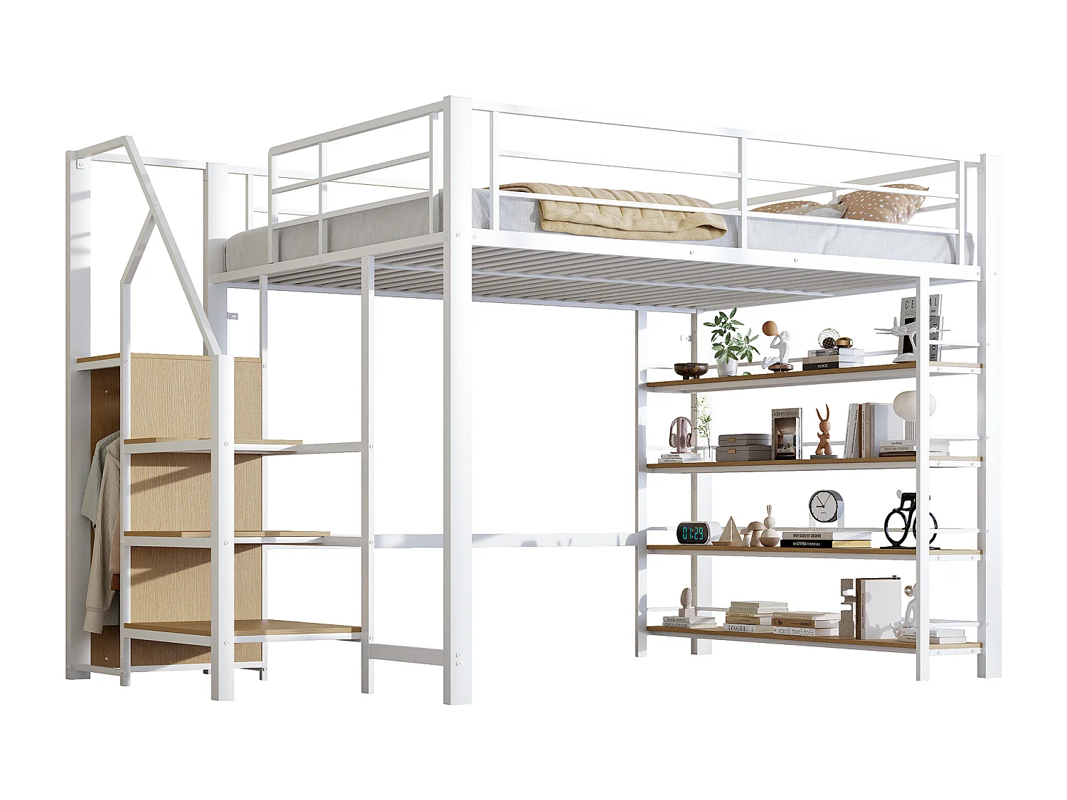 Lit mezzanine 140x200 cm avec étagères et penderie, métal et bois MDF blanc