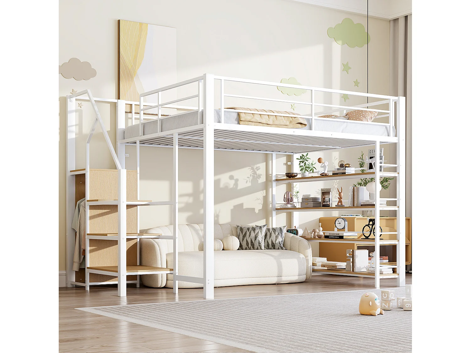 Lit mezzanine 140x200 cm avec étagères et penderie, métal et bois MDF blanc