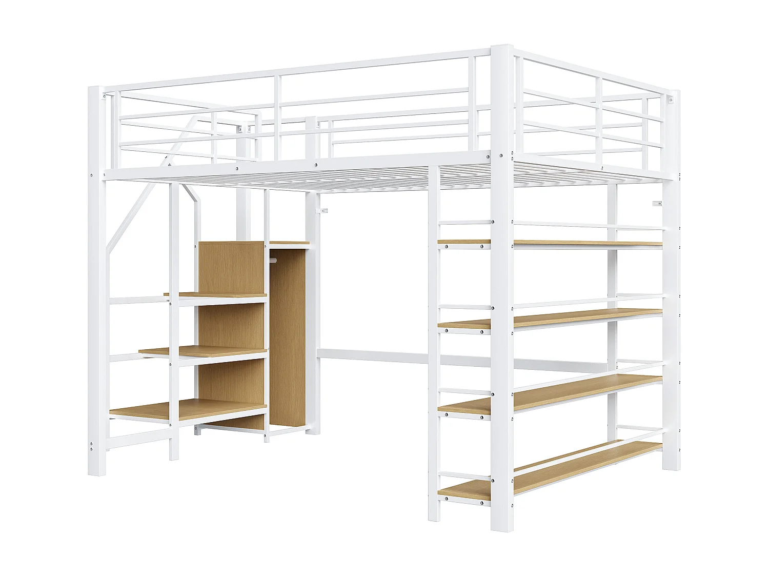 Lit mezzanine 140x200 cm avec étagères et penderie, métal et bois MDF blanc