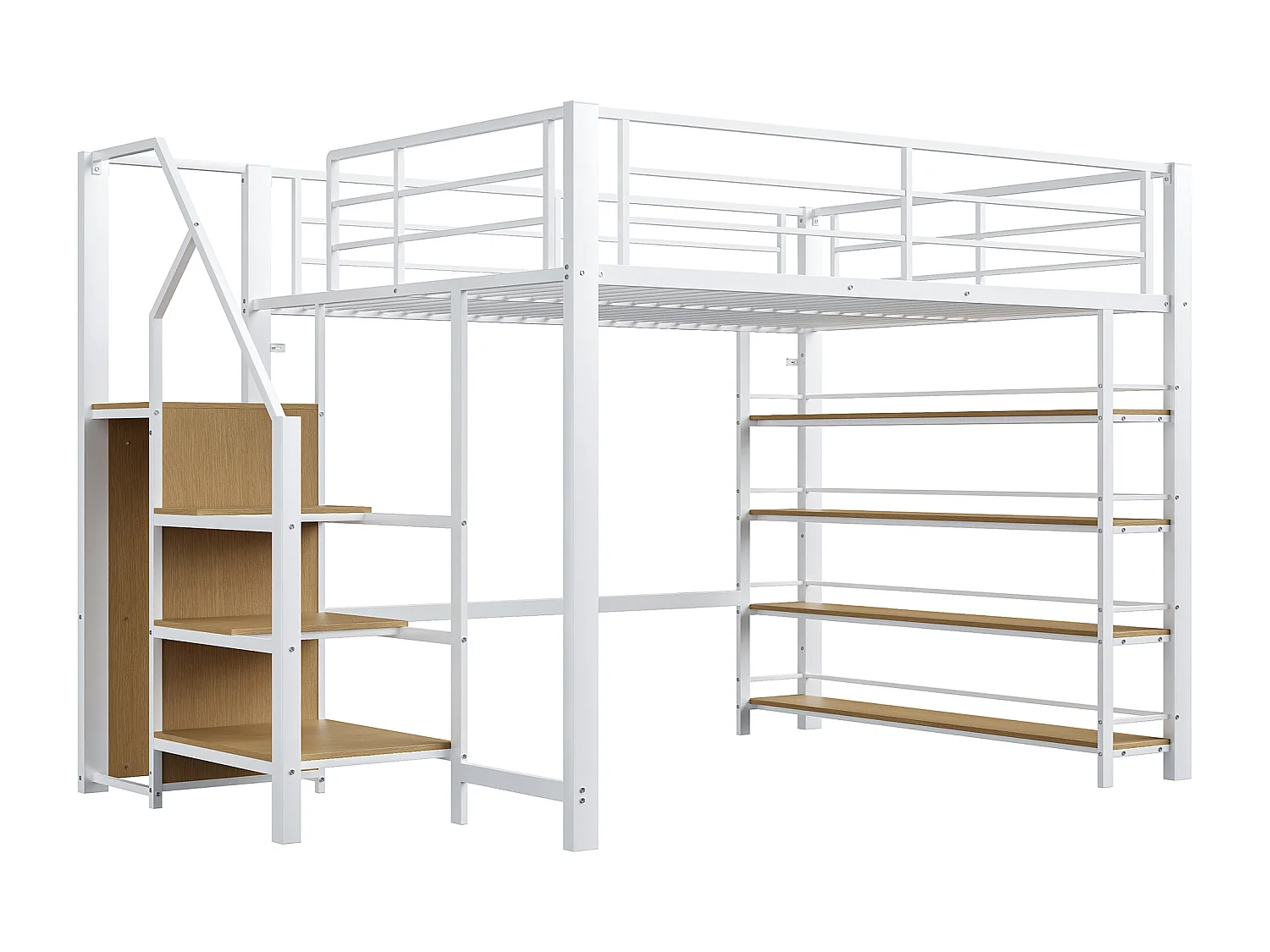 Lit mezzanine 140x200 cm avec étagères et penderie, métal et bois MDF blanc