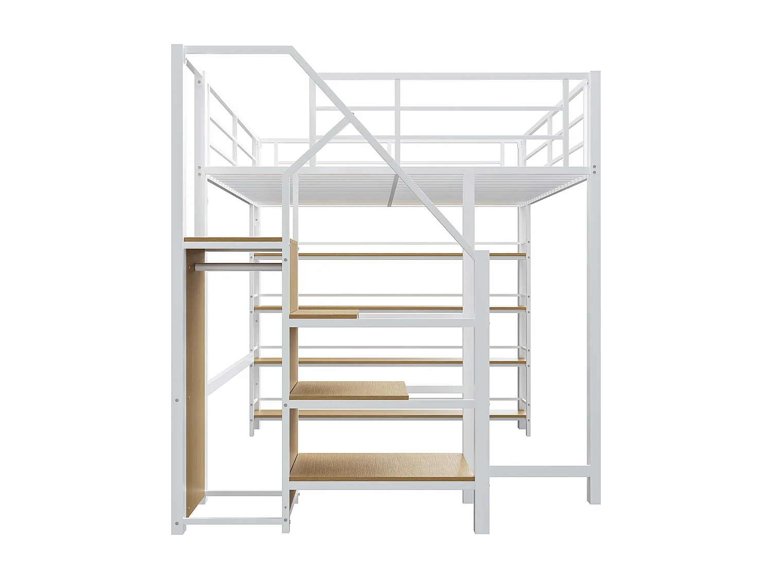 Lit mezzanine 140x200 cm avec étagères et penderie, métal et bois MDF blanc