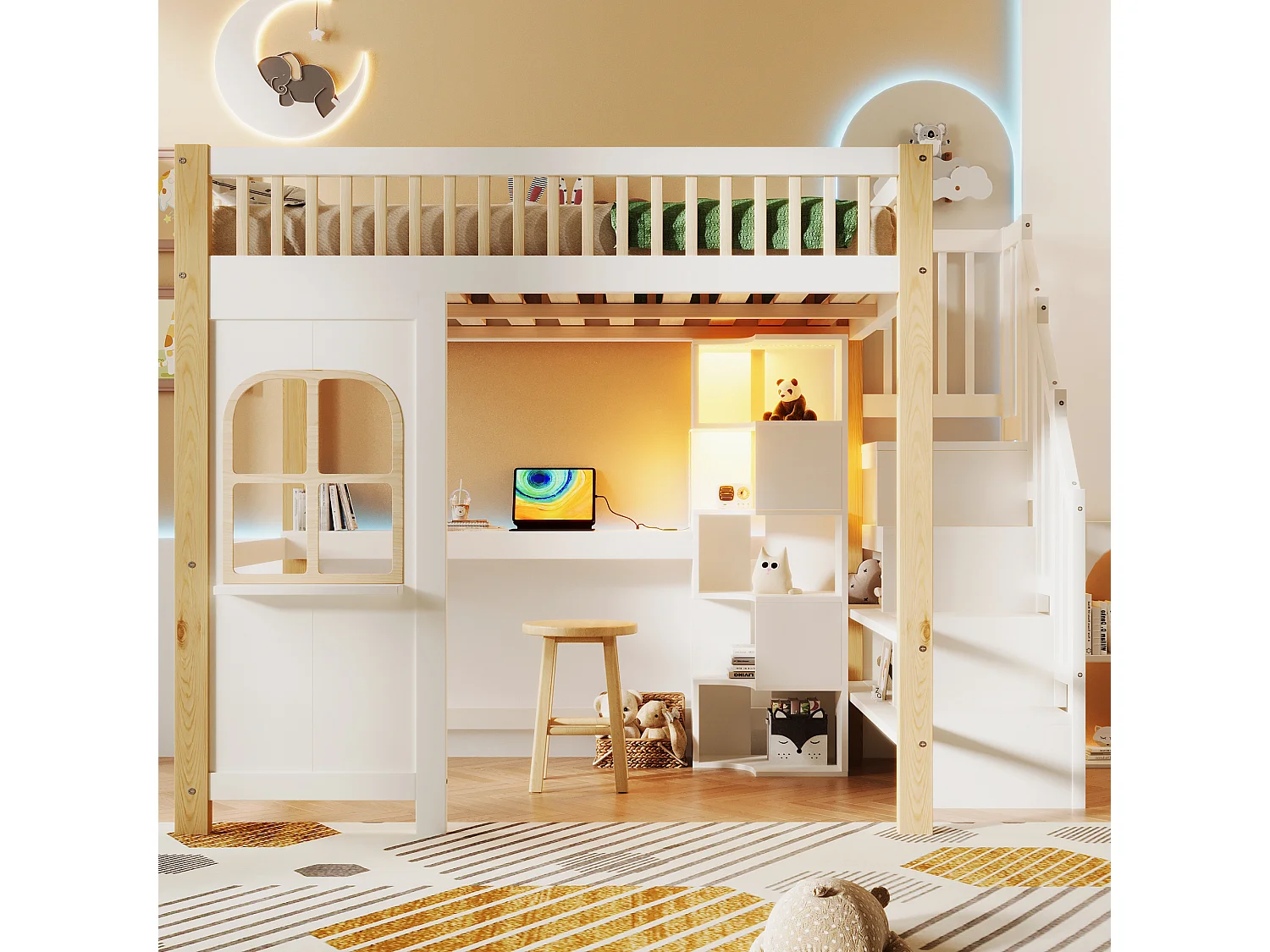 Lit mezzanine 140 x 200 cm avec LED, rangement ouvert, bureau et prise électrique - Couleur blanc et naturel