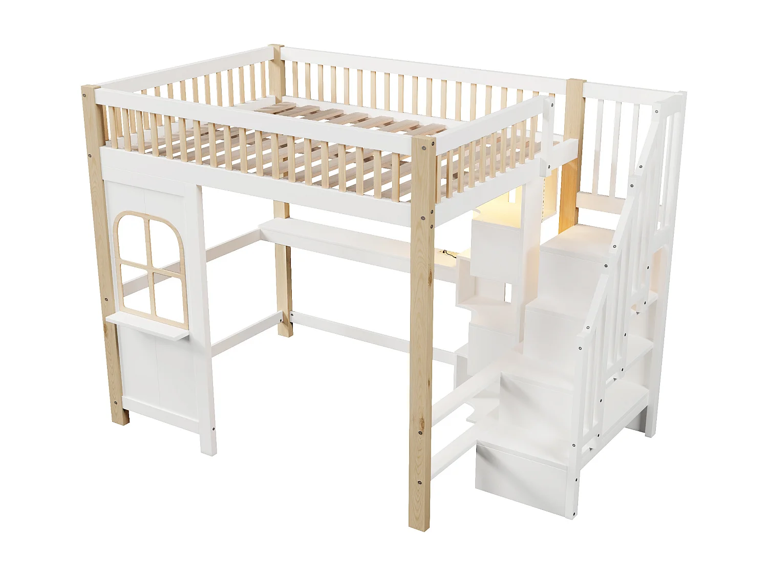 Lit mezzanine 140 x 200 cm avec LED, rangement ouvert, bureau et prise électrique - Couleur blanc et naturel