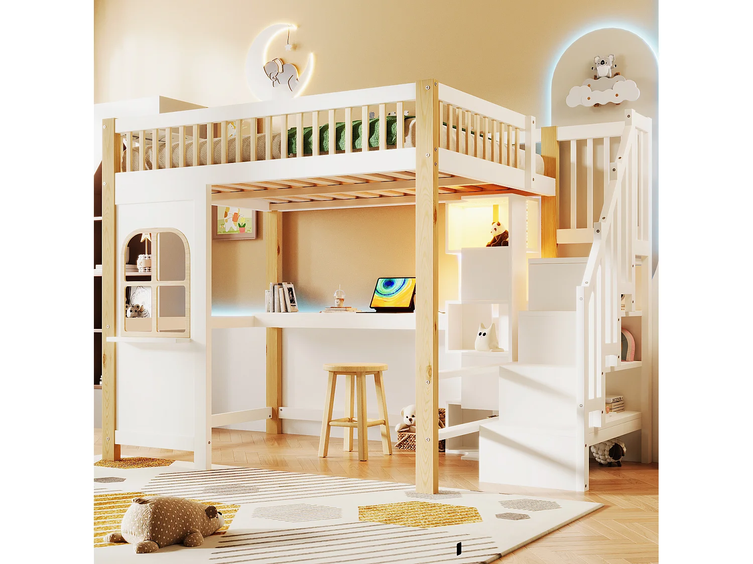 Lit mezzanine 140 x 200 cm avec LED, rangement ouvert, bureau et prise électrique - Couleur blanc et naturel