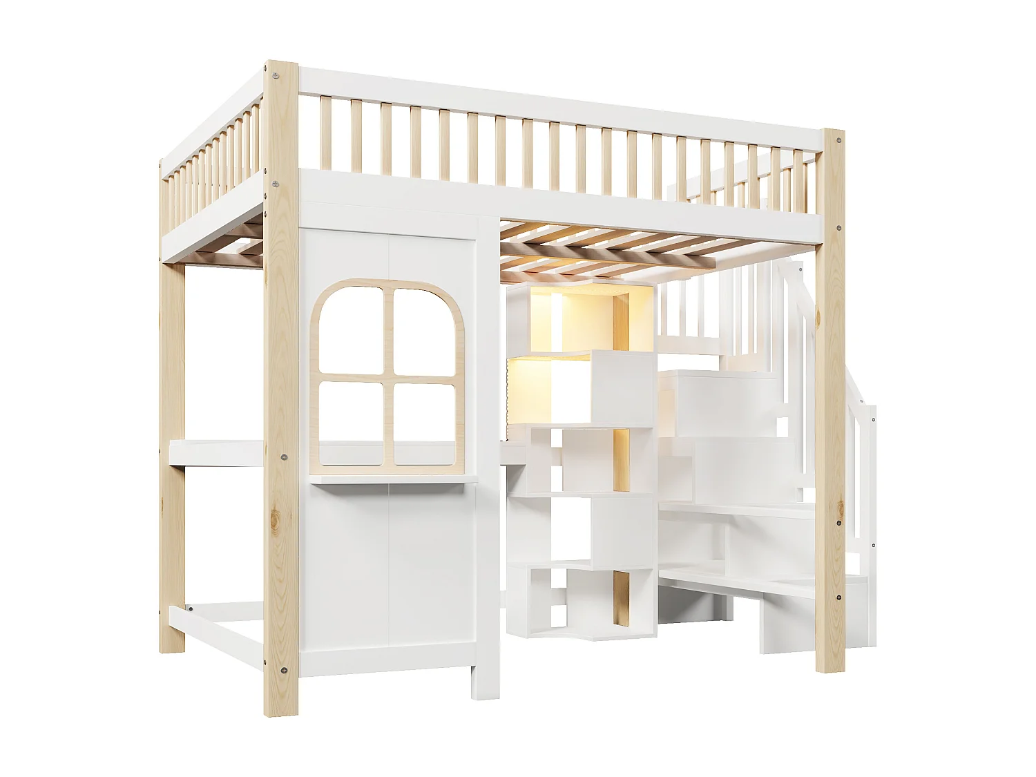 Lit mezzanine 140 x 200 cm avec LED, rangement ouvert, bureau et prise électrique - Couleur blanc et naturel