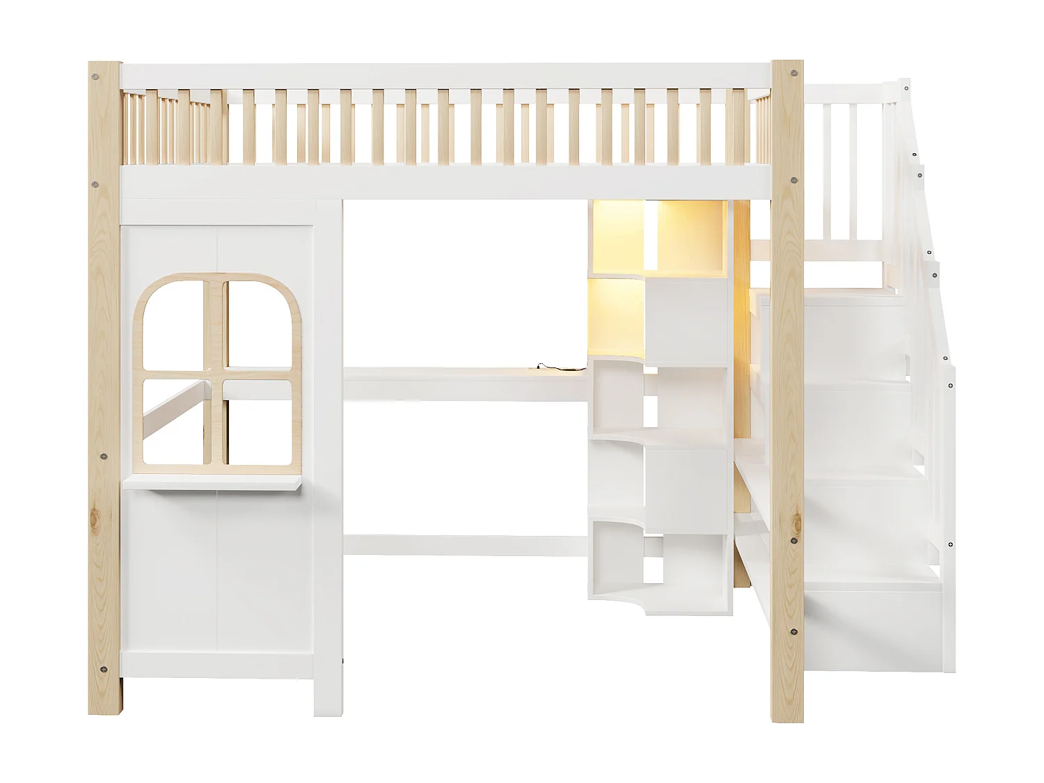 Lit mezzanine 140 x 200 cm avec LED, rangement ouvert, bureau et prise électrique - Couleur blanc et naturel