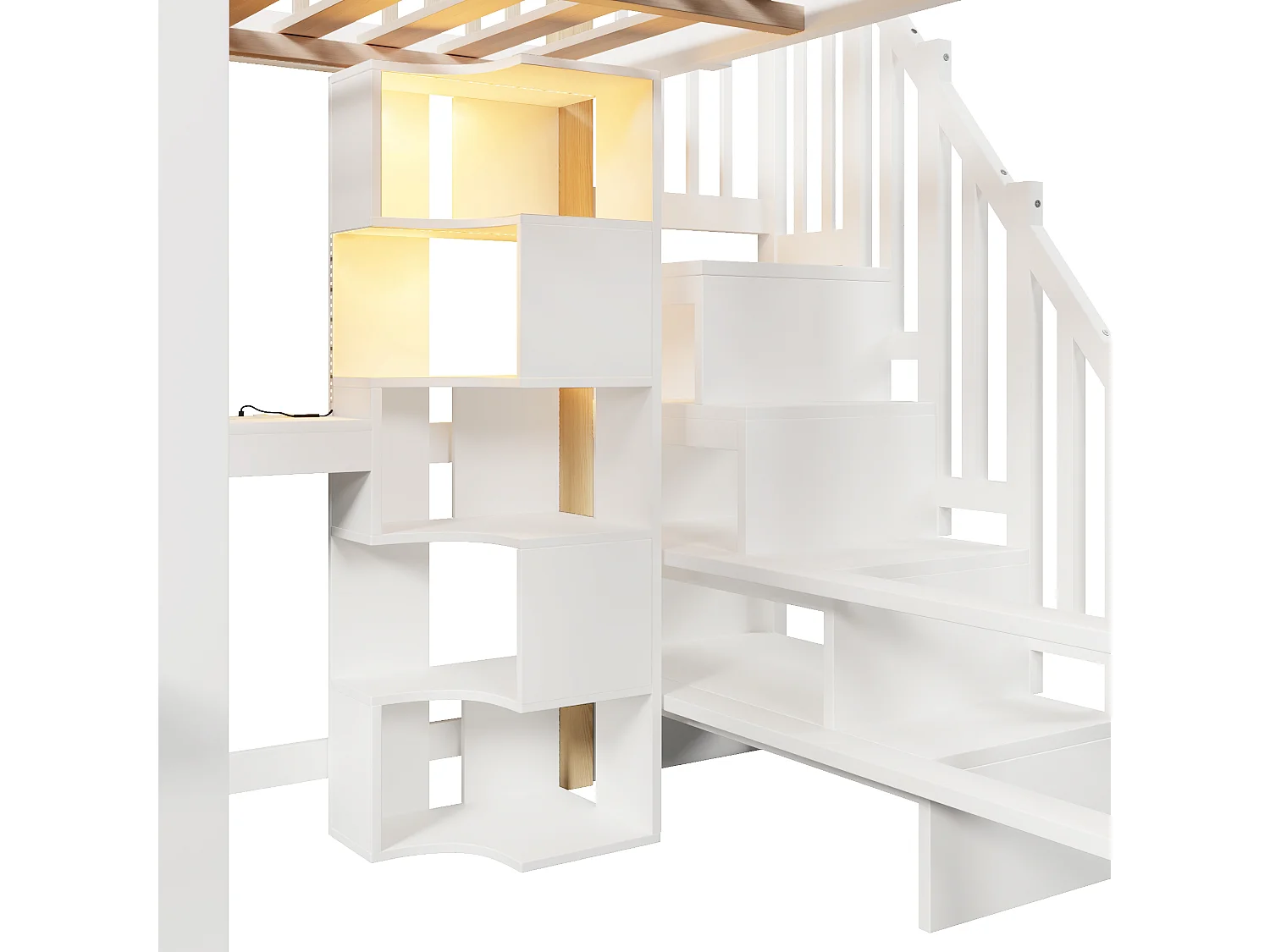 Lit mezzanine 140 x 200 cm avec LED, rangement ouvert, bureau et prise électrique - Couleur blanc et naturel