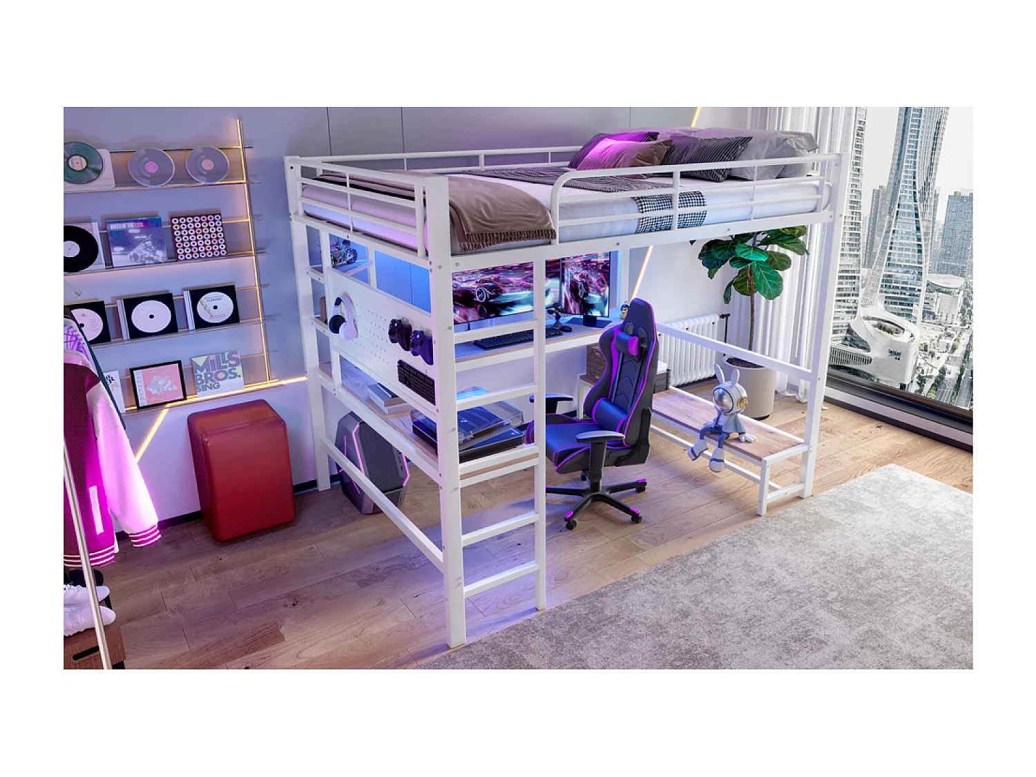 Lit mezzanine 140 x 200 cm en métal avec bureau, prises USB et Type-C, LED et panneau perforé - Blanc