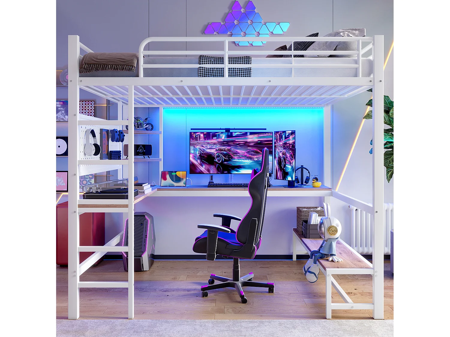 Lit mezzanine 140 x 200 cm en métal avec bureau, prises USB et Type-C, LED et panneau perforé - Blanc