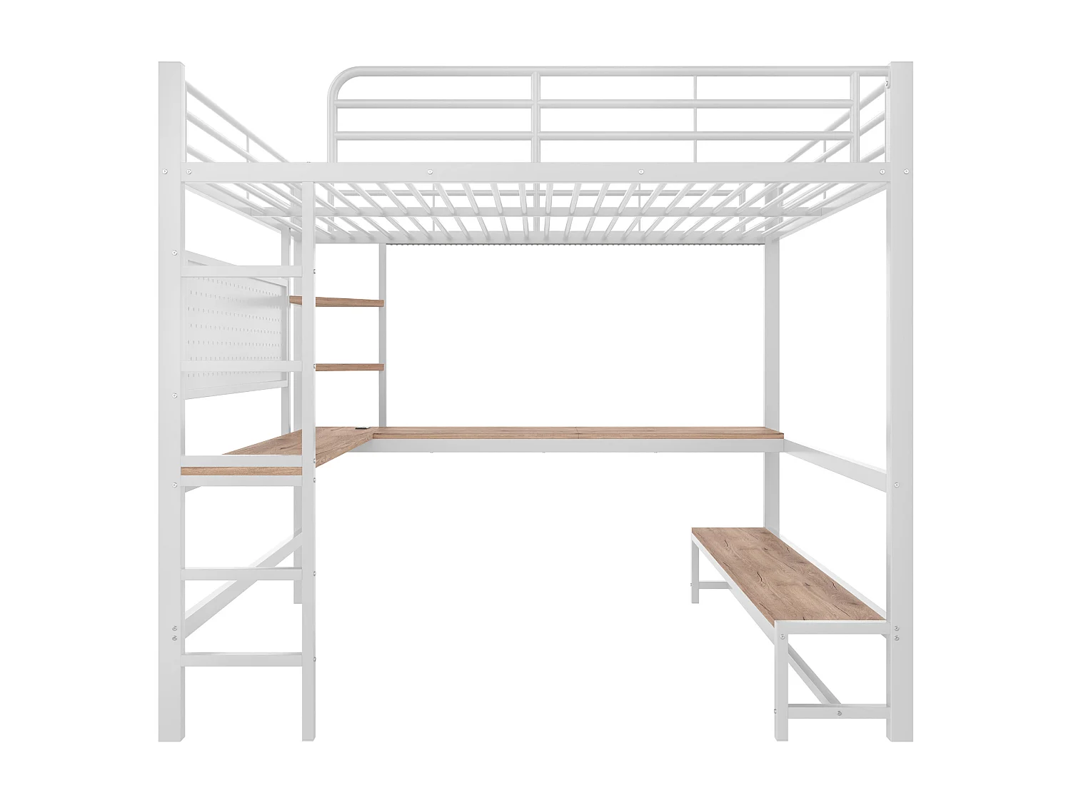 Lit mezzanine 140 x 200 cm en métal avec bureau, prises USB et Type-C, LED et panneau perforé - Blanc