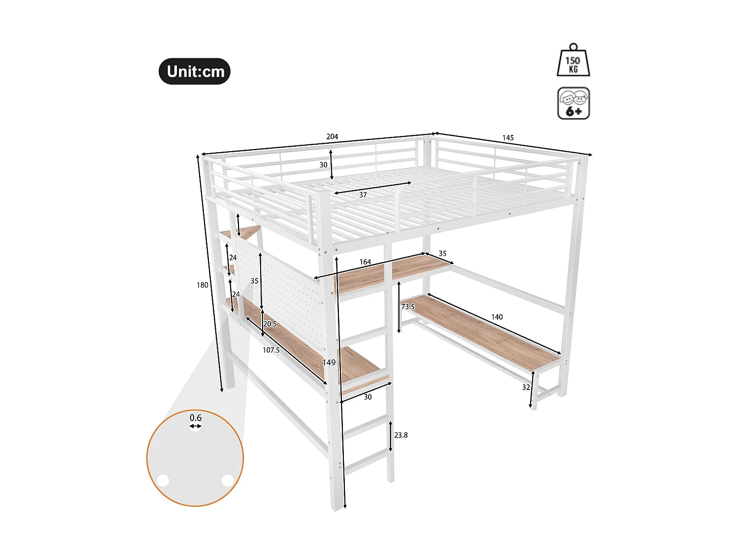 Lit mezzanine 140 x 200 cm en métal avec bureau, prises USB et Type-C, LED et panneau perforé - Blanc