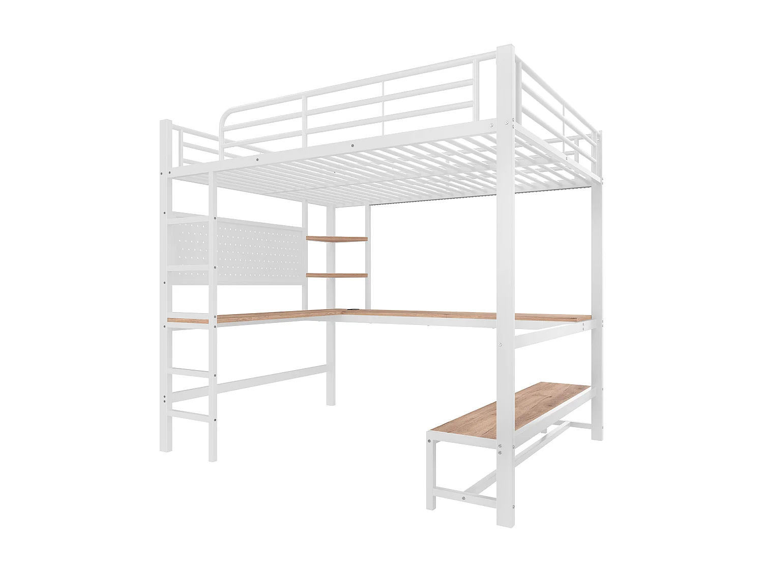 Lit mezzanine 140 x 200 cm en métal avec bureau, prises USB et Type-C, LED et panneau perforé - Blanc