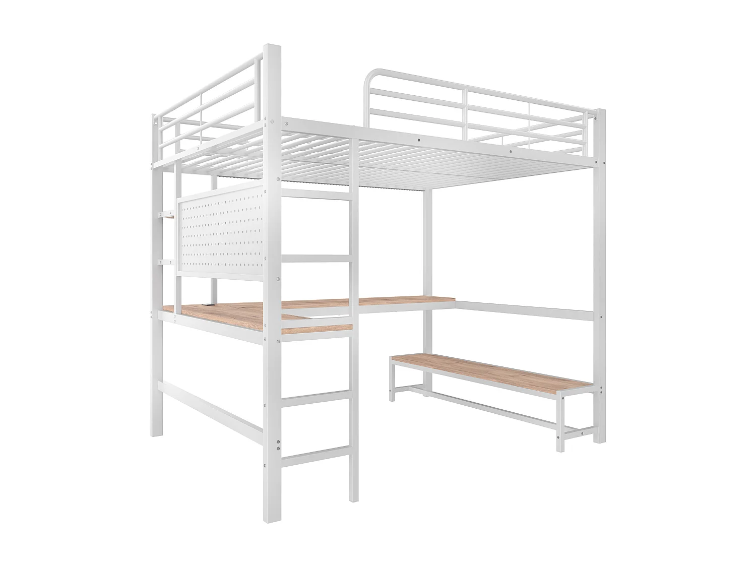 Lit mezzanine 140 x 200 cm en métal avec bureau, prises USB et Type-C, LED et panneau perforé - Blanc