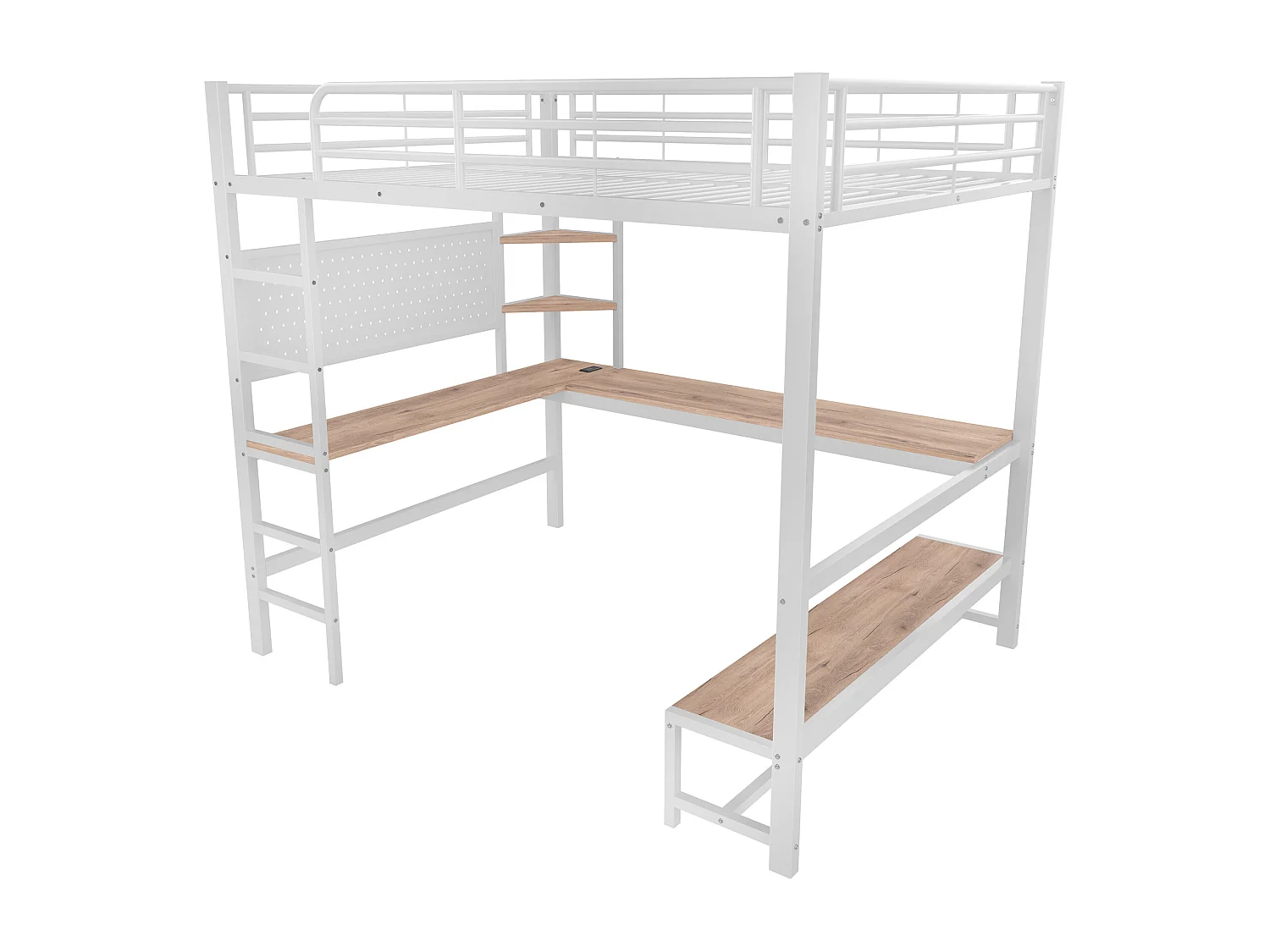 Lit mezzanine 140 x 200 cm en métal avec bureau, prises USB et Type-C, LED et panneau perforé - Blanc
