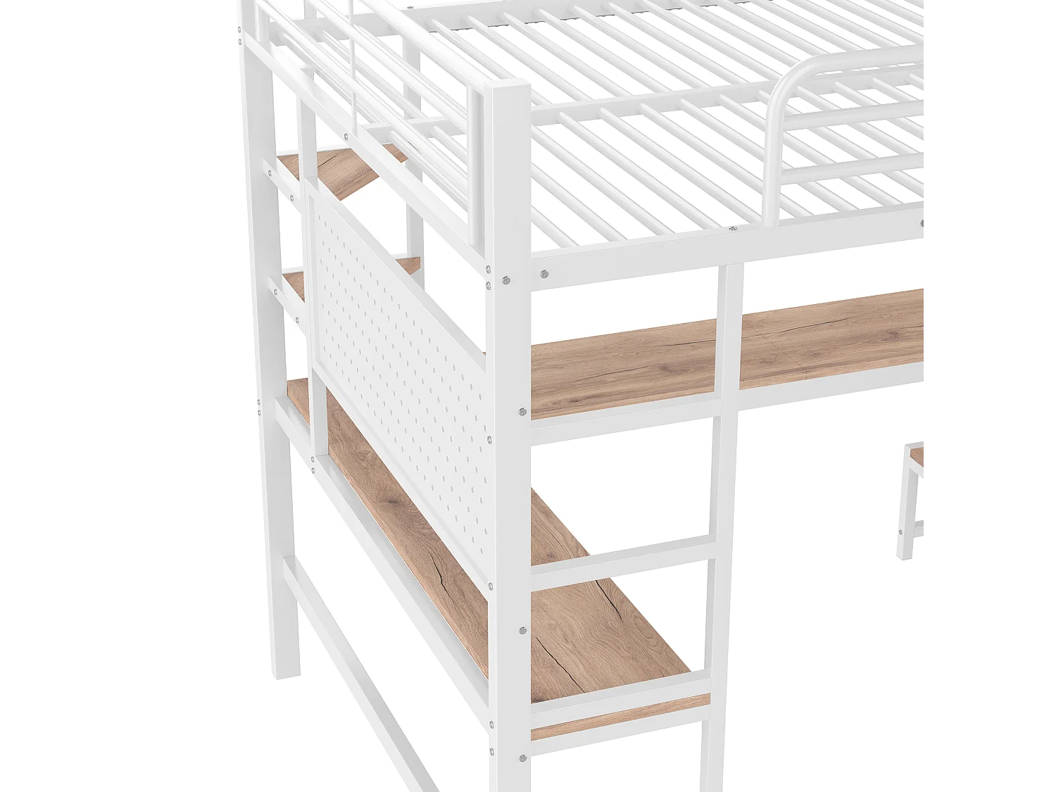 Lit mezzanine 140 x 200 cm en métal avec bureau, prises USB et Type-C, LED et panneau perforé - Blanc
