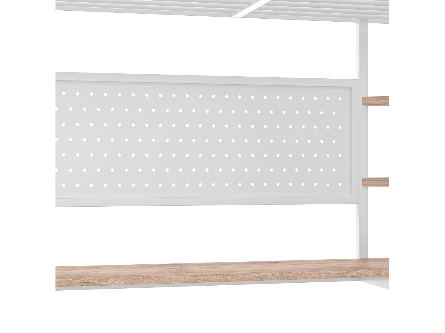 Lit mezzanine 140 x 200 cm en métal avec bureau, prises USB et Type-C, LED et panneau perforé - Blanc